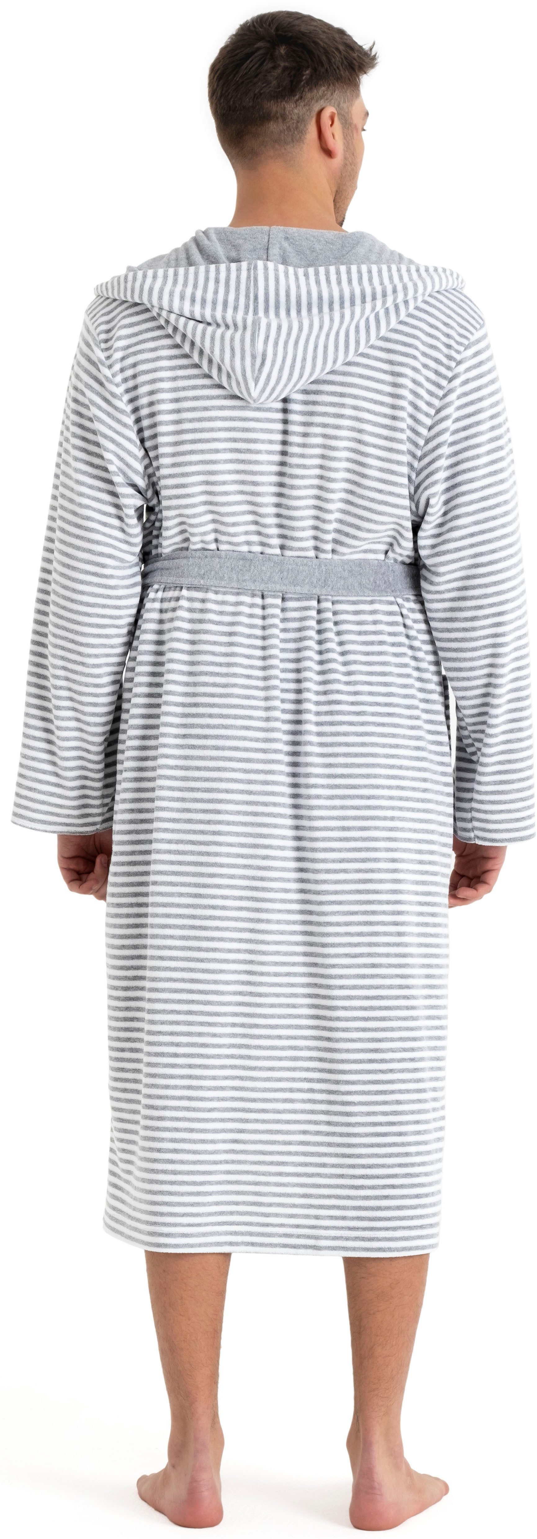 KangaROOS Herrenbademantel Luana, ideal für Sauna & Spa, Hotelbademantel, Morgenmantel, Langform, Leichtfrottier, Kapuze, Gürtel, Streifen - Bademantel für Herren, gestreift, S-4XL