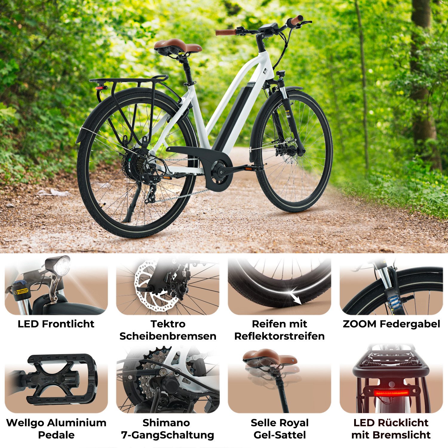 AsVIVA E-Bike Trekkingrad, Cityrad B15 28 Zoll, 7 Gang Shimano Shimano Tourney / SIS RevoShift Schaltwerk, Kettenschaltung, Heckmotor, 504 Wh, 250W Bafang-Motor, Gepäckträger, Samsung Akku