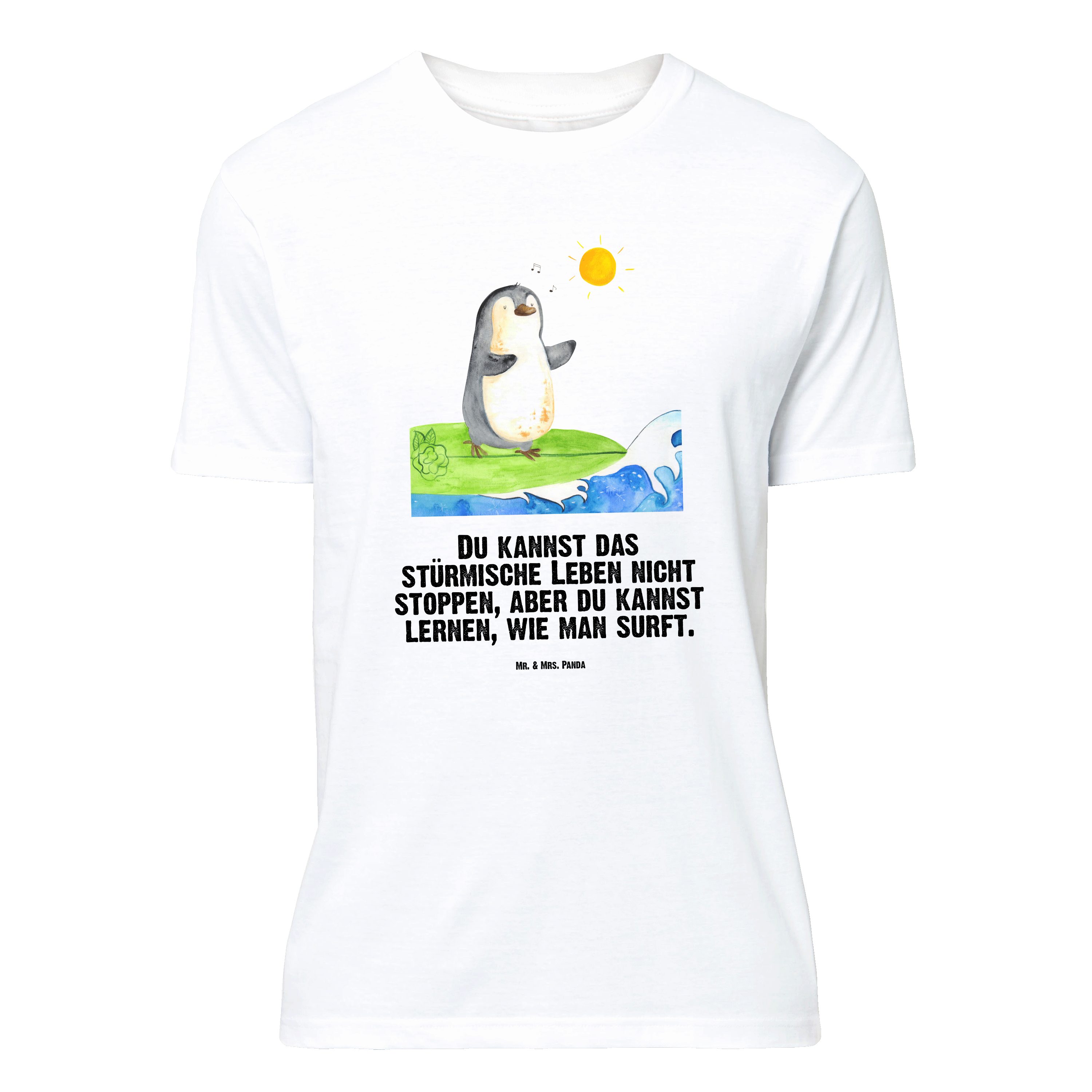 Mr. & Mrs. Panda T-Shirt Pinguin Surfer - Weiß - Geschenk, Shirt, T-Shirt, Männer, Wellen reit (1-tlg)