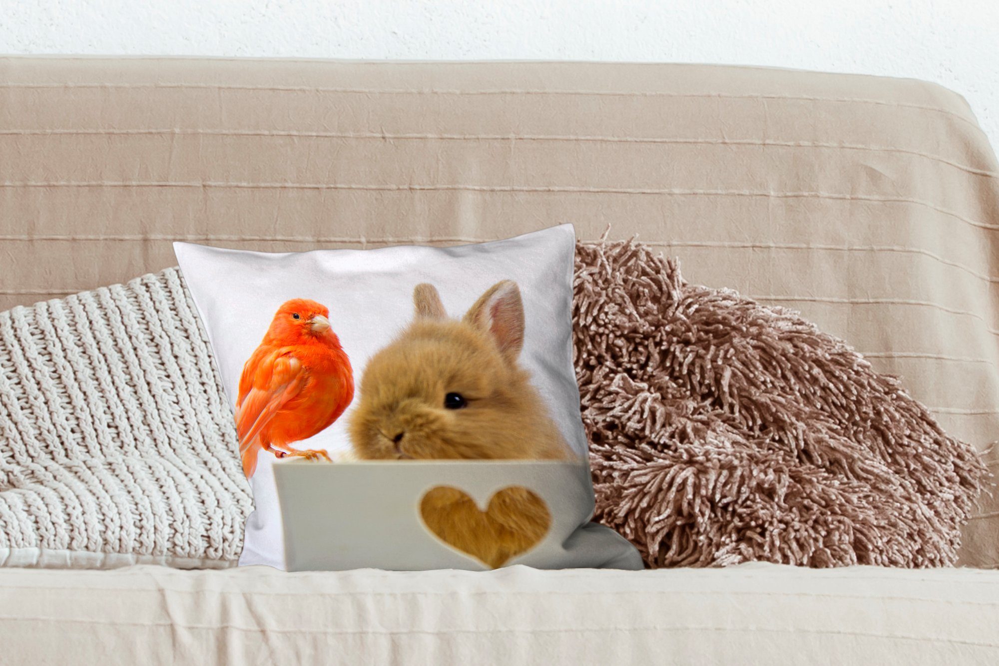 MuchoWow Dekokissen Tiere - Kaninchen für Sofakissen mit - Füllung Deko, Wohzimmer, Vogel, Schlafzimmer, Zierkissen