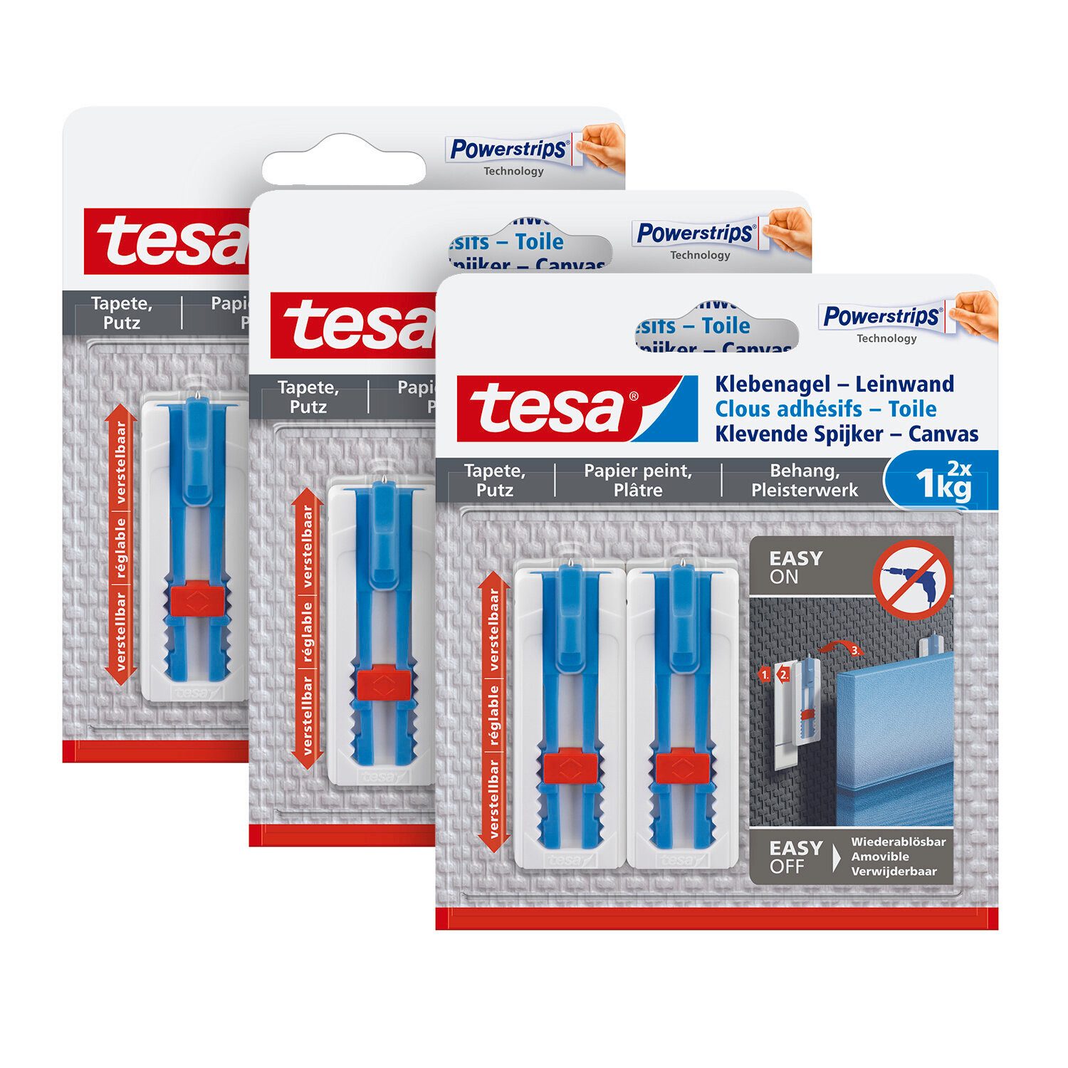 tesa Klebehaken tesa Leinwand Klebenagel, Tapeten Putz höhenverstellbar 2 Stück, Dekoration, Leinwände, Bilder, (Spar-Set, 6-St., inkl. Powerstrips), Klebehaken - POWERSTRIPS Doppelseitig - für Leinwände - 2er Pack