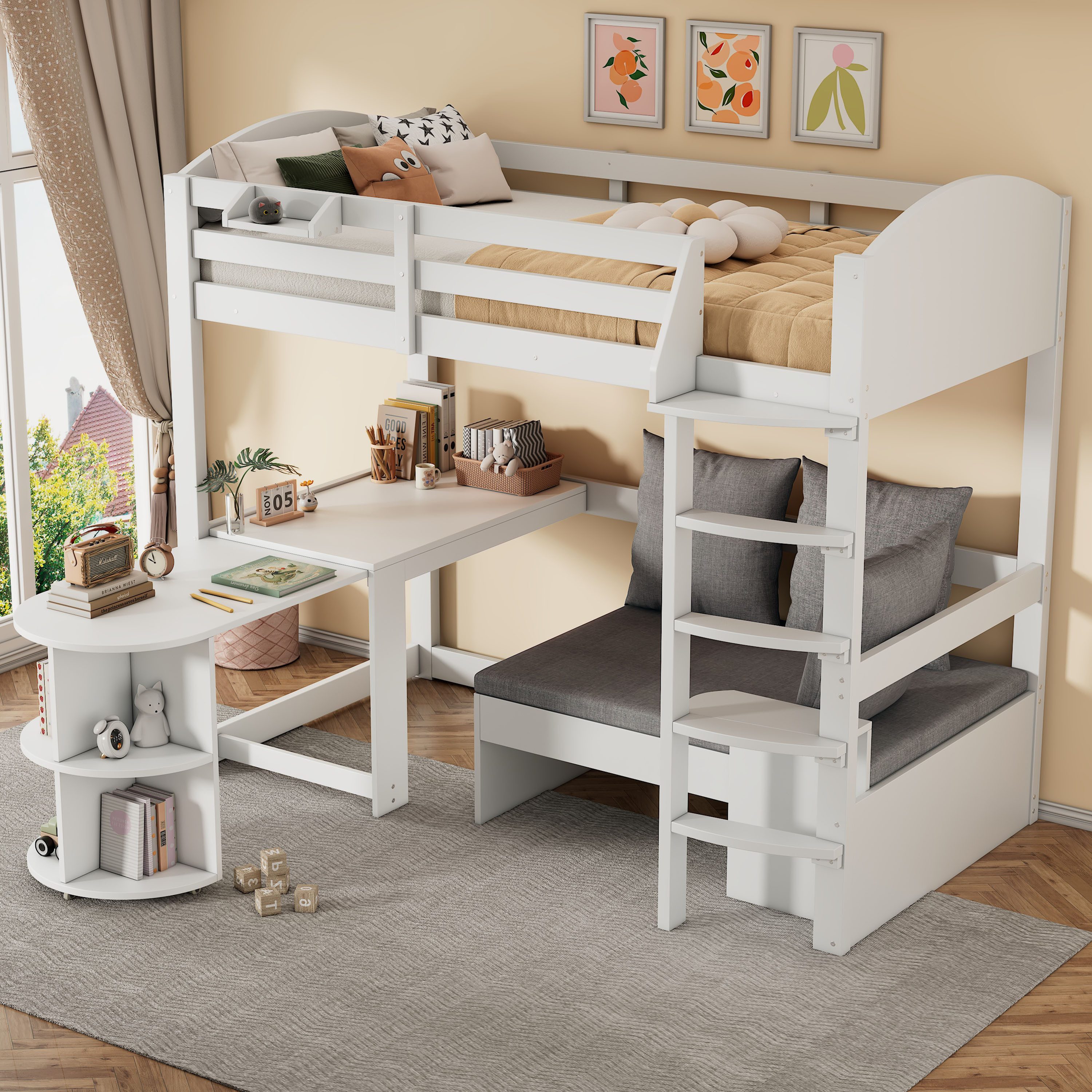 MODFU Hochbett Kinderbett mit ausziehbarem Schreibtisch (Kinderbett, Jugendbett, 1-St., 90*200, ohne Matratze, 3 Kissen, 1 Polster, Lagerregale) mit Aufbewahrung und Sitzbereich