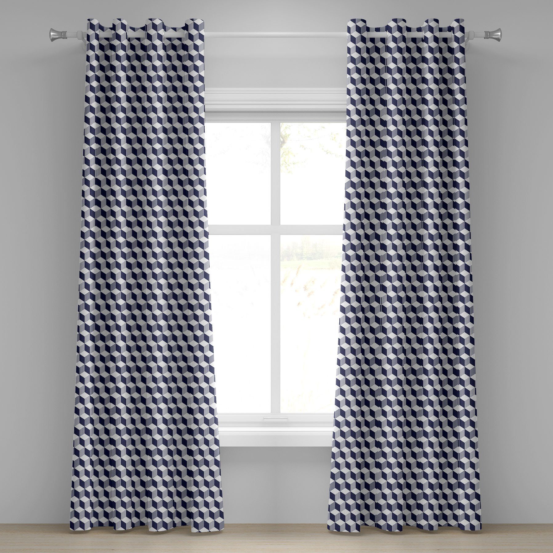 Gardine Dekorative 2-Panel-Fenstervorhänge für Schlafzimmer Wohnzimmer, Abakuhaus, Navy blau Abstrakt Cube Stripes