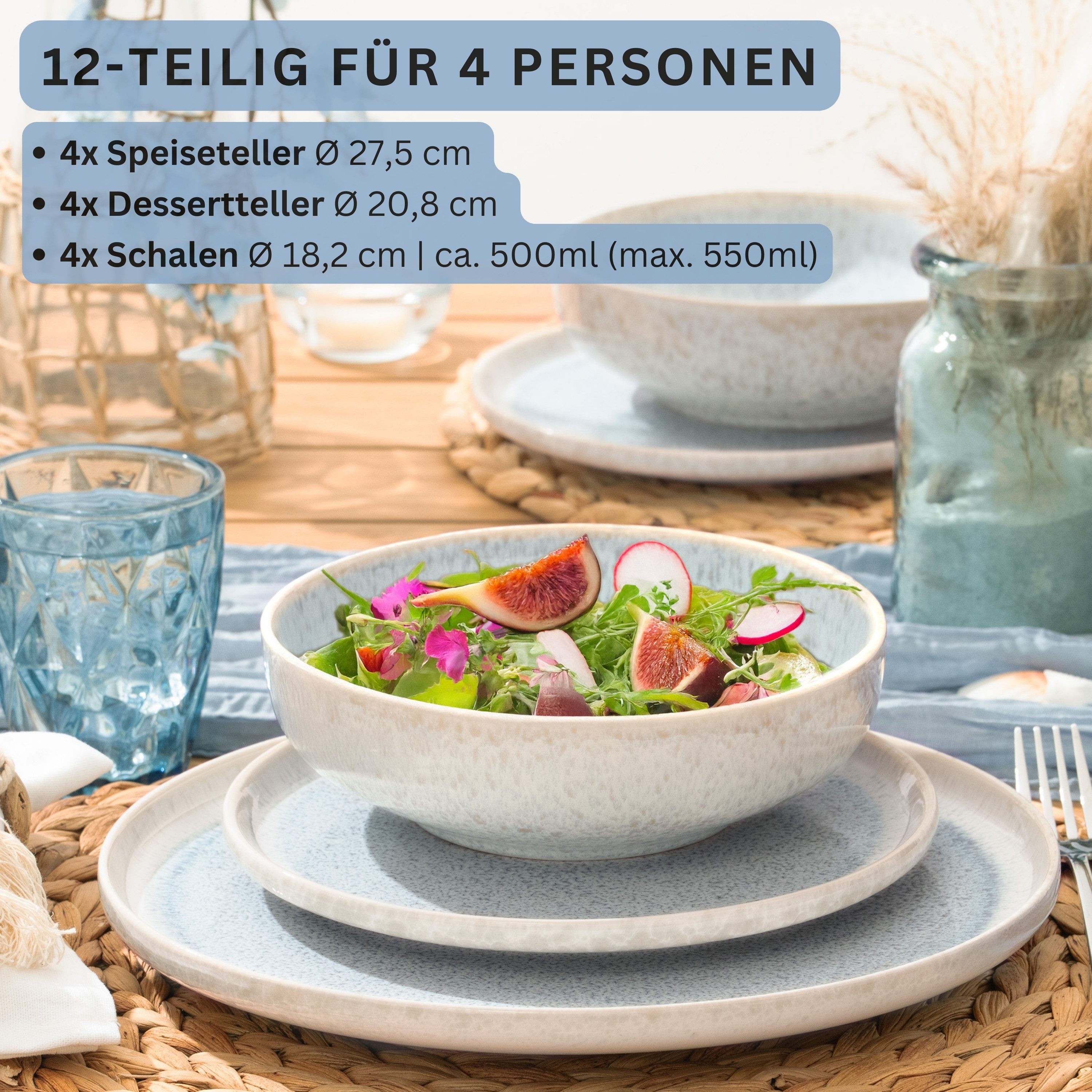 SÄNGER Tafelservice Santorini Geschirrset (12-tlg), 4 Personen, Steingut, Cremefarben mit Flieder Blauem Verlauf, Premium Collection, Handmade