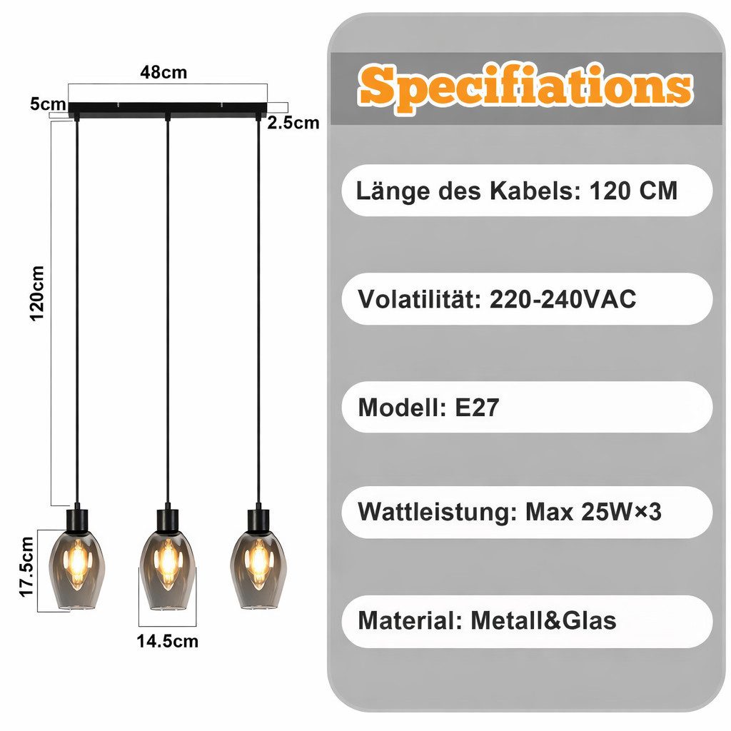 ZMH Pendelleuchte Hängeleuchte für Esszimmer mit 1/3/4 Flammig E27 in Schwarz & Glas, ohne Leuchtmittel, Vintage kreative Esstisch Küchenlampe für Wohnzimmer Schlafzimmer
