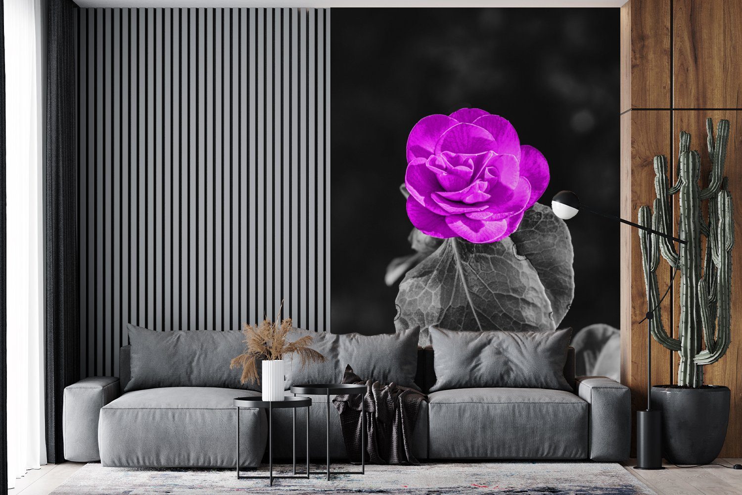 (3 - - MuchoWow Weiß, Wohnzimmer, für Montagefertig bedruckt, Tapete Lila Schwarz Wandtapete Blumen Matt, - St), Fototapete Vinyl Rose -