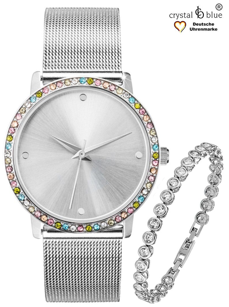 CRYSTAL BLUE Quarzuhr Damenuhr Mesh & Tennisarmband silber mit cubic Zirkonia Kristallen kostenlose Lieferung mehr