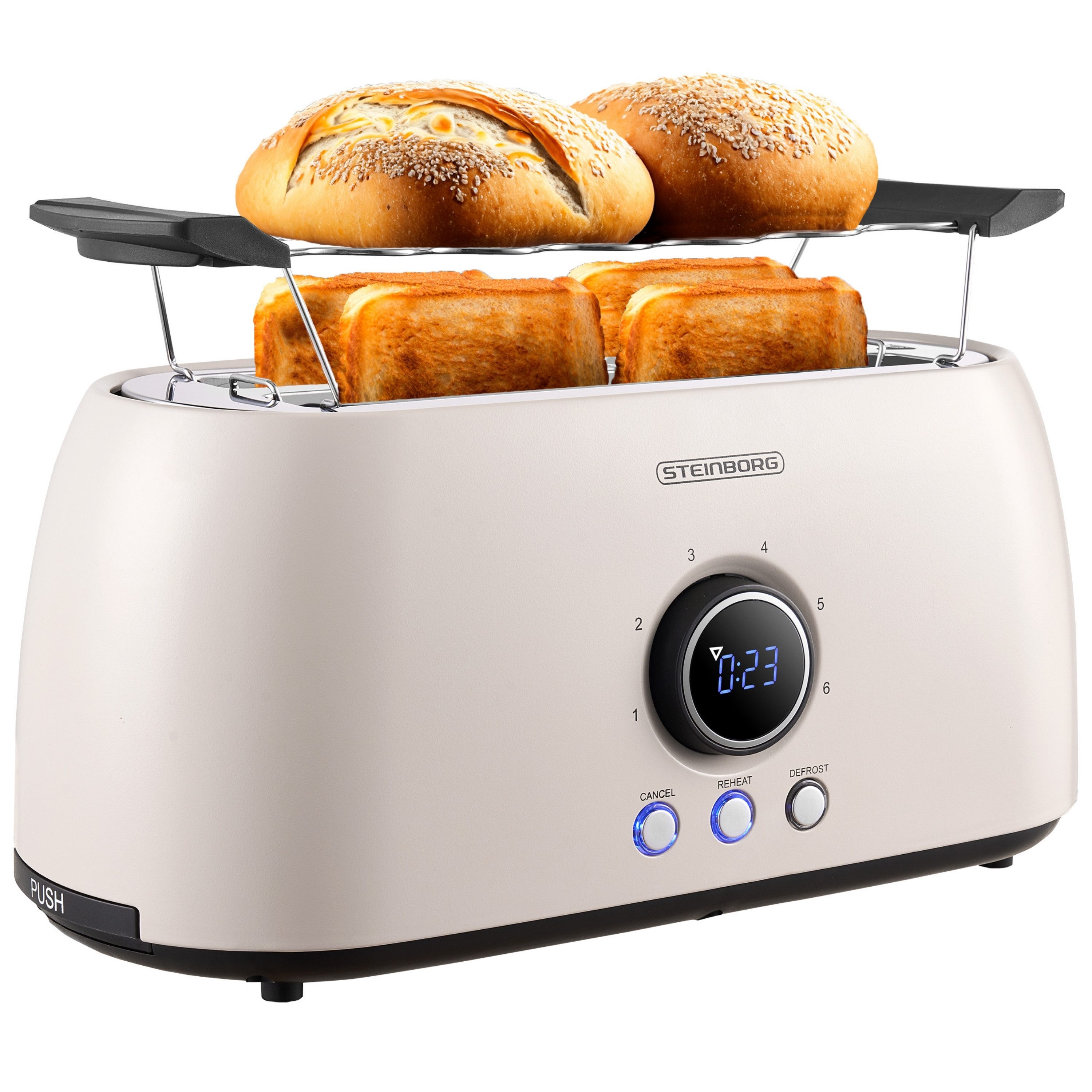STEINBORG Тостери SB-2214, 2 lange Schlitze, für 4 Scheiben, 1500 W, Edelstahl Gehäuse,Brötchenaufsatz,Krümelschublade,LED Display