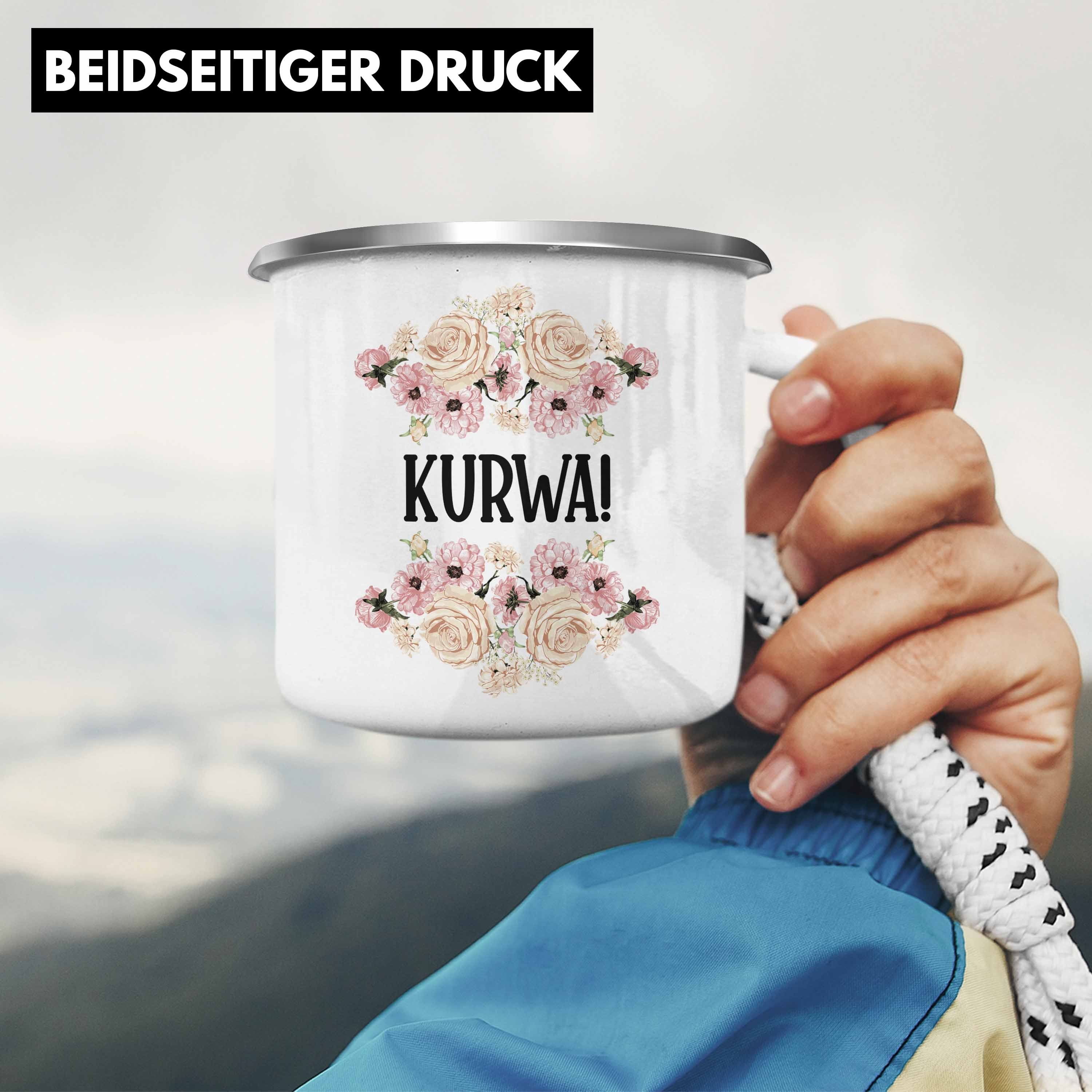 Trendation Thermotasse mit KURWA Freundin Spruch Emaille Tasse Spruch Tasse Silber KaffeeEmaille Provokante Kollege Büro Kollegin Emaille Trendation Tasse 