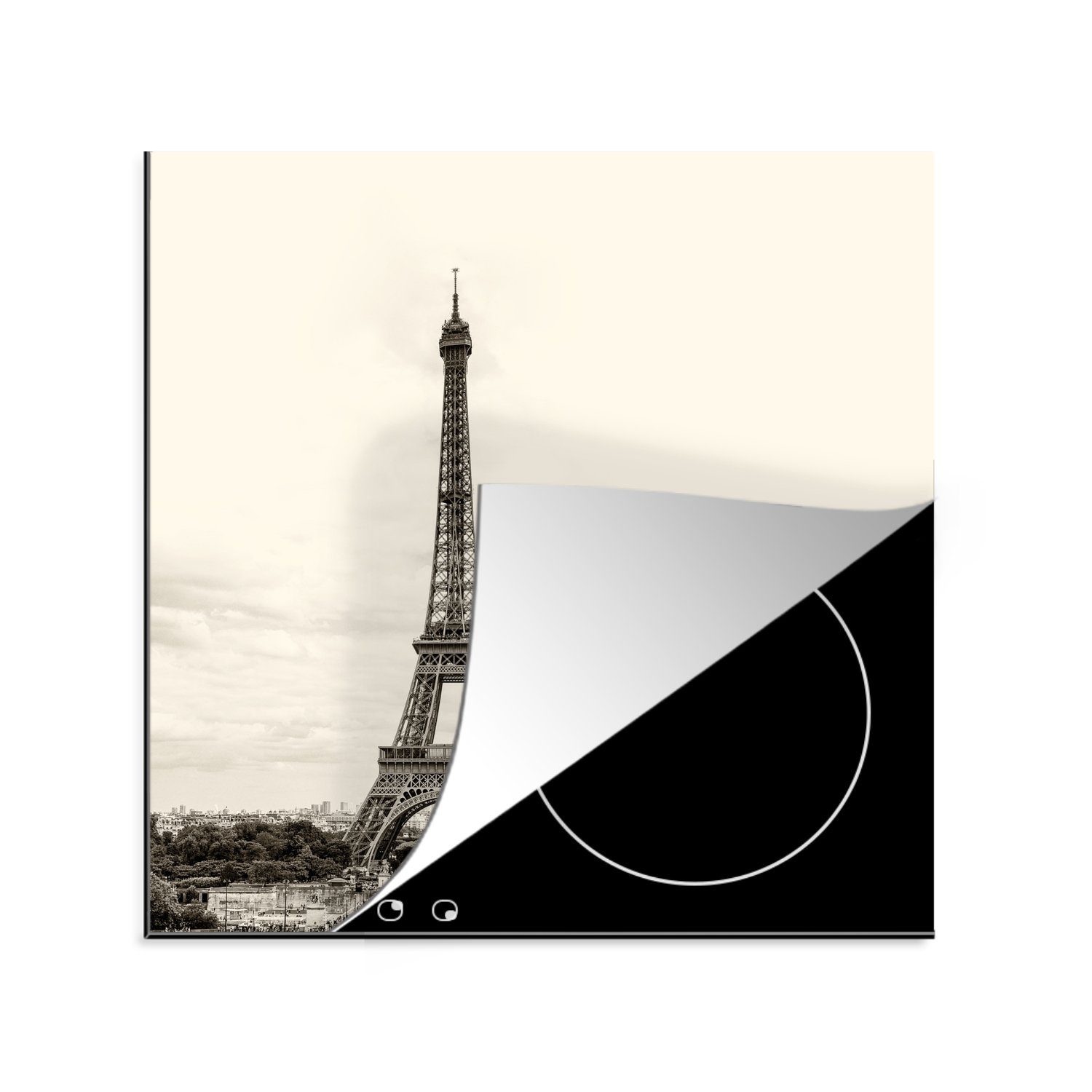 MuchoWow Herdblende-/Abdeckplatte Der Eiffelturm unter den Wolken, Vinyl, (1 tlg), 78x78 cm, Ceranfeldabdeckung, Arbeitsplatte für küche | Herdabdeckplatten