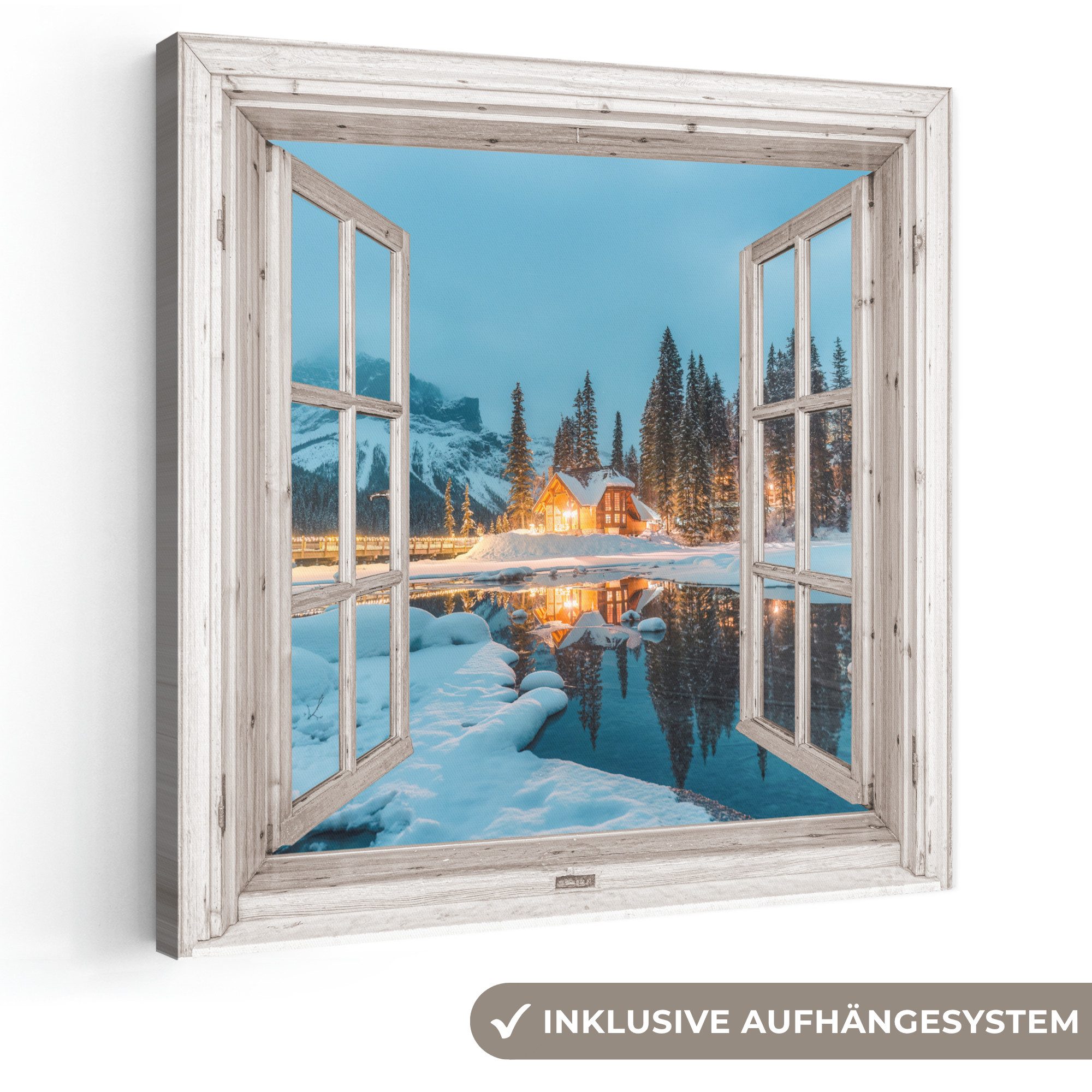 OneMillionCanvasses® Leinwandbild Durchblick - Winterlandschaft - Natur - Haus - Berge, Fotodruck (1 St), Wandbild, Deko Schlafzimmer Wohnzimmer Flur 20x20 cm