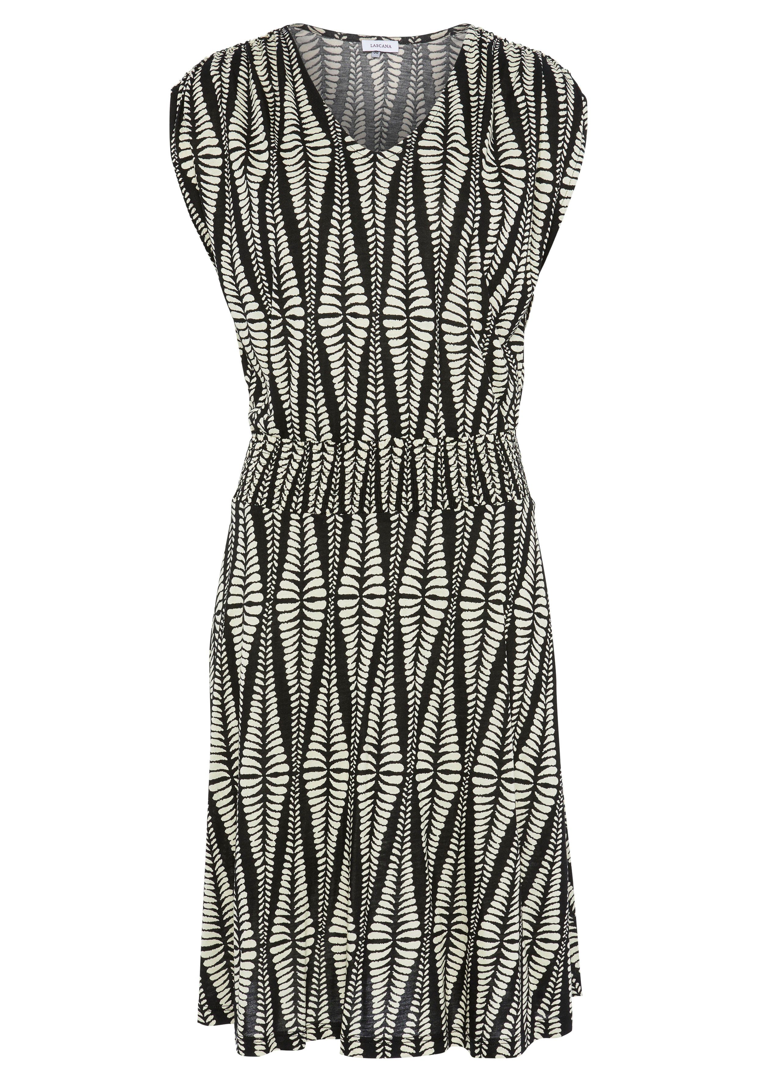 LASCANA Jerseykleid mit breitem Smokbund und Alloverprint kurzes Sommerkleid, Druckkleid, Viskosekleid, luftiges Strandkleid – Bild 2 von 5