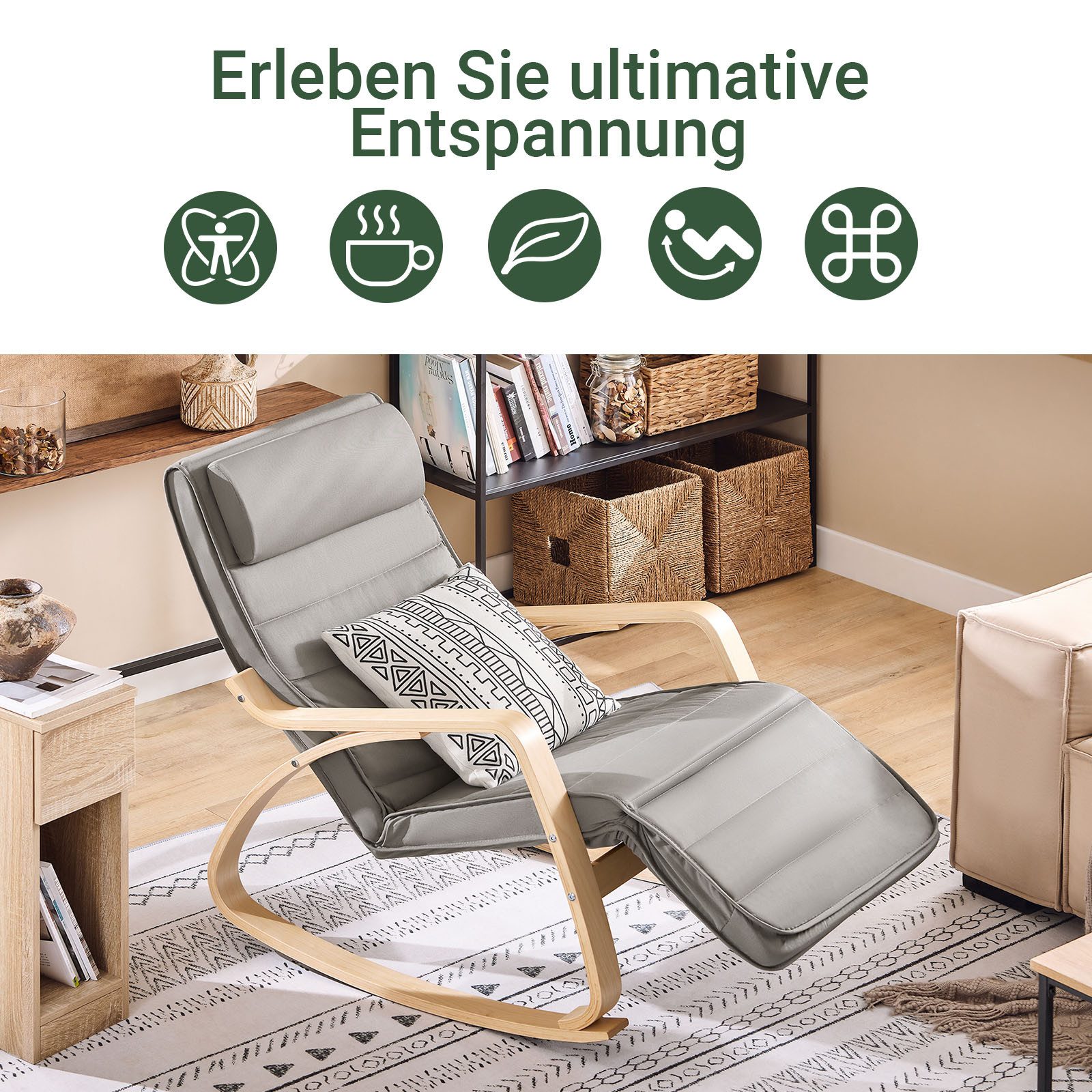 SoBuy Schaukelstuhl FST16, Schaukelsessel Relaxstuhl, für Wohnzimmer Schlafzimmer Balkon, Schwingsessel Relaxsessel 5-fach verstellbare Fußstütze Birkenholz
