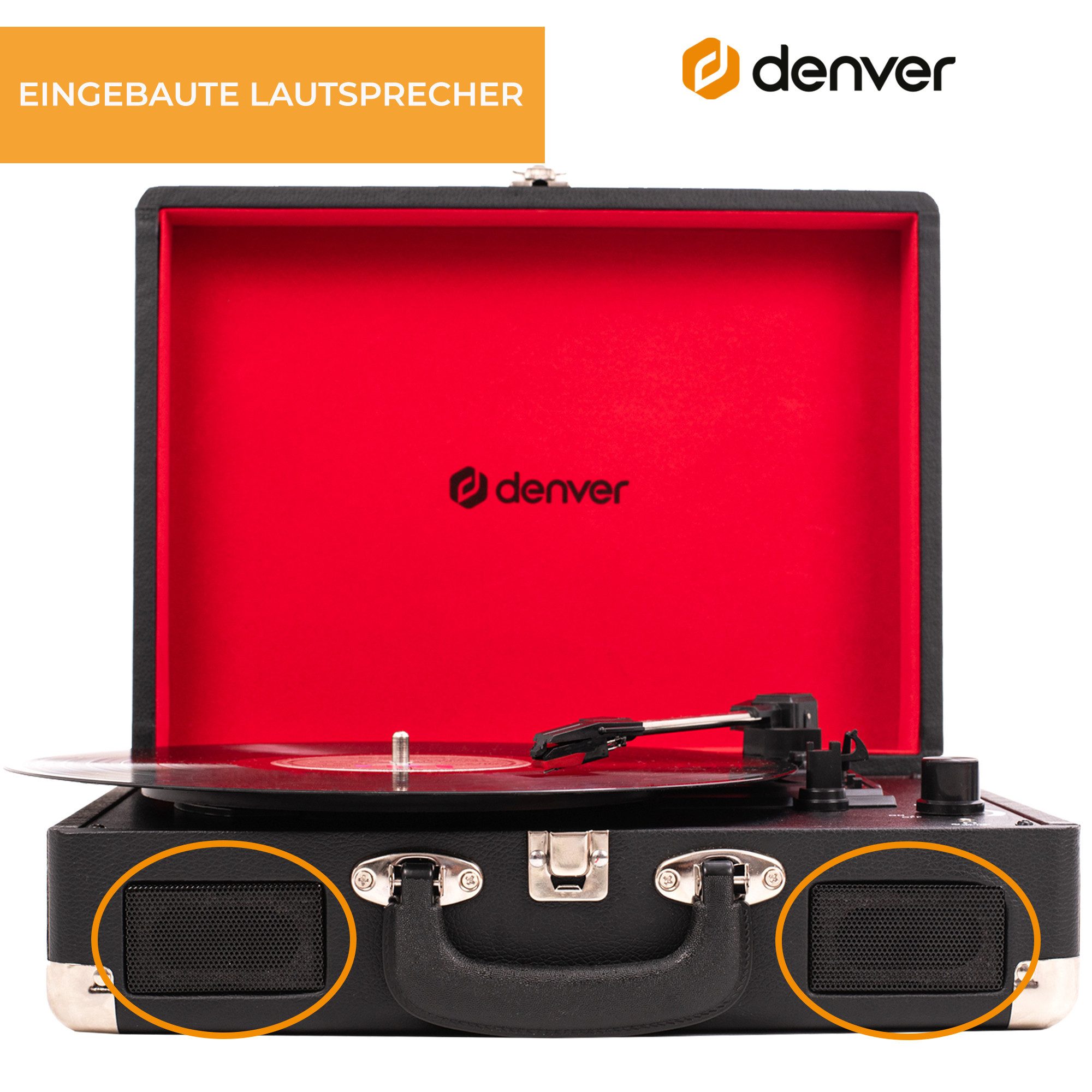 Denver VPL-120B Plattenspieler (Riemenantrieb, Kofferdesign, Kopfhöreranschluss, mit 2 eingebauten Lautsprechern)