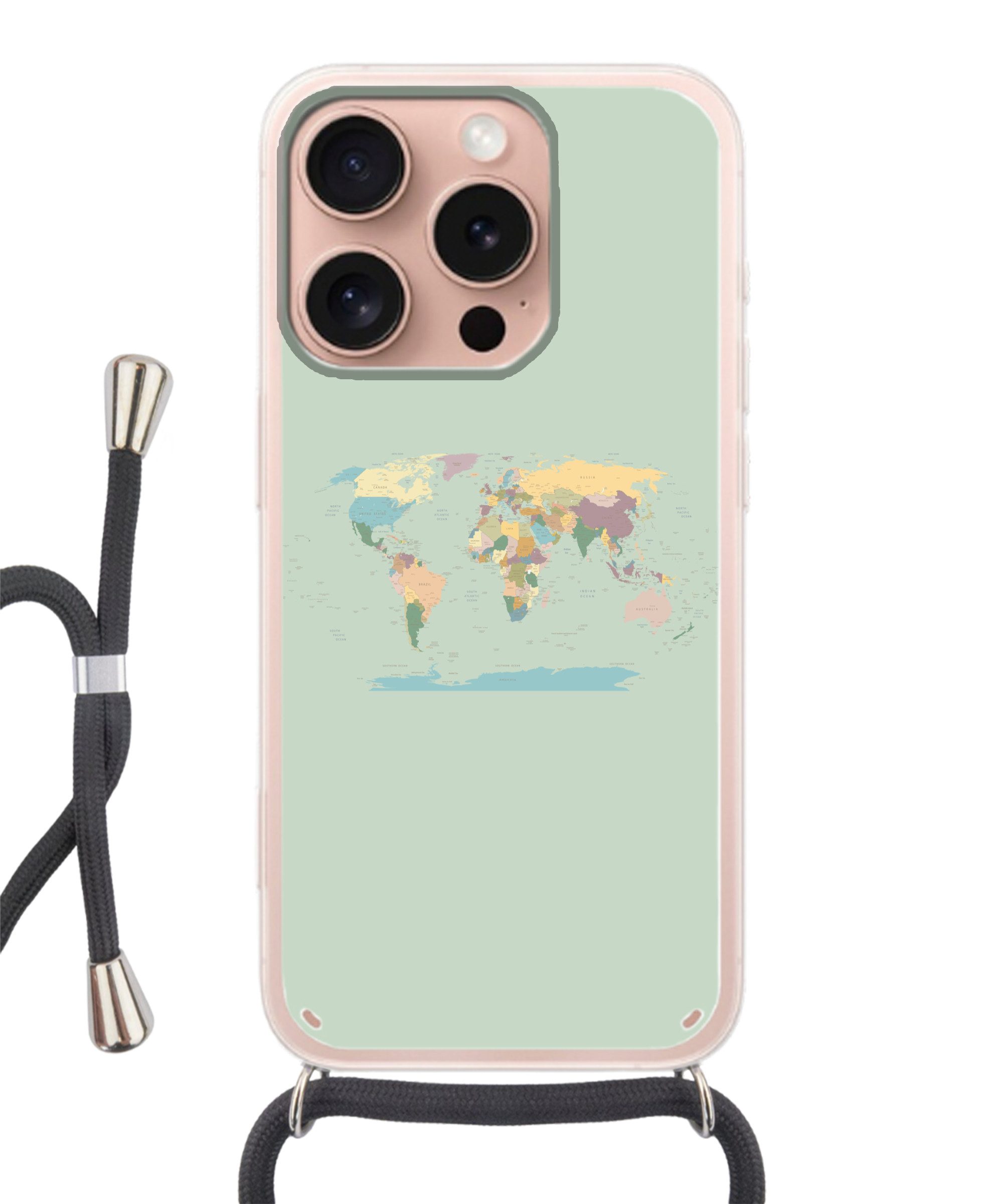 MuchoWow Handyhülle für Apple iPhone 16 Pro Weltkarte - Realistisch - Karte, Tragbare Handyhüllen mit Kette zum umhängen, Handykette Handyband