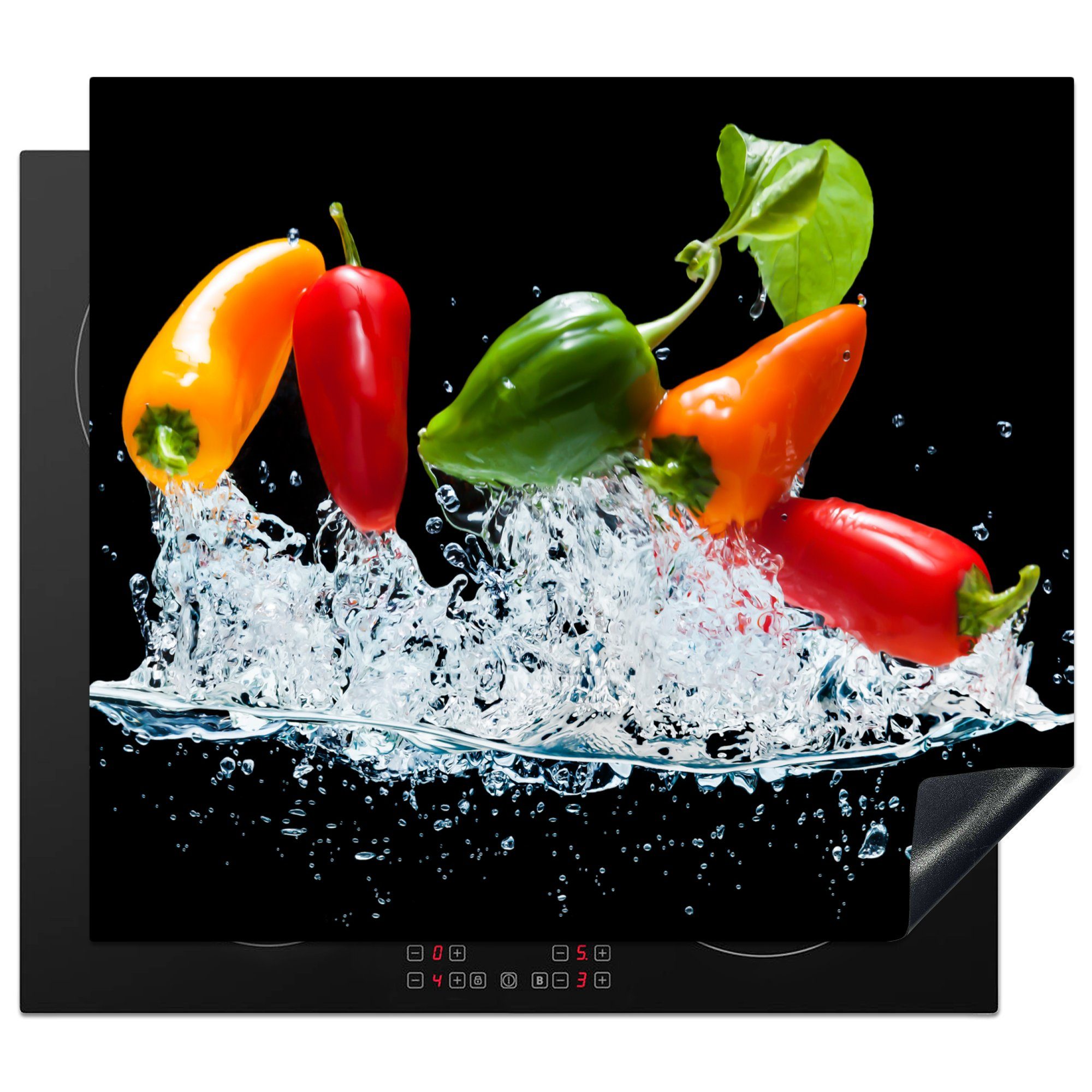 MuchoWow Herd-Abdeckplatte Paprika - Schwarz - Gemüse - Wasser - Blatt, Vinyl, (1 tlg), Ceranfeldabdeckung Küche, Herdabdeckplatte Einteilig, 59x51 cm
