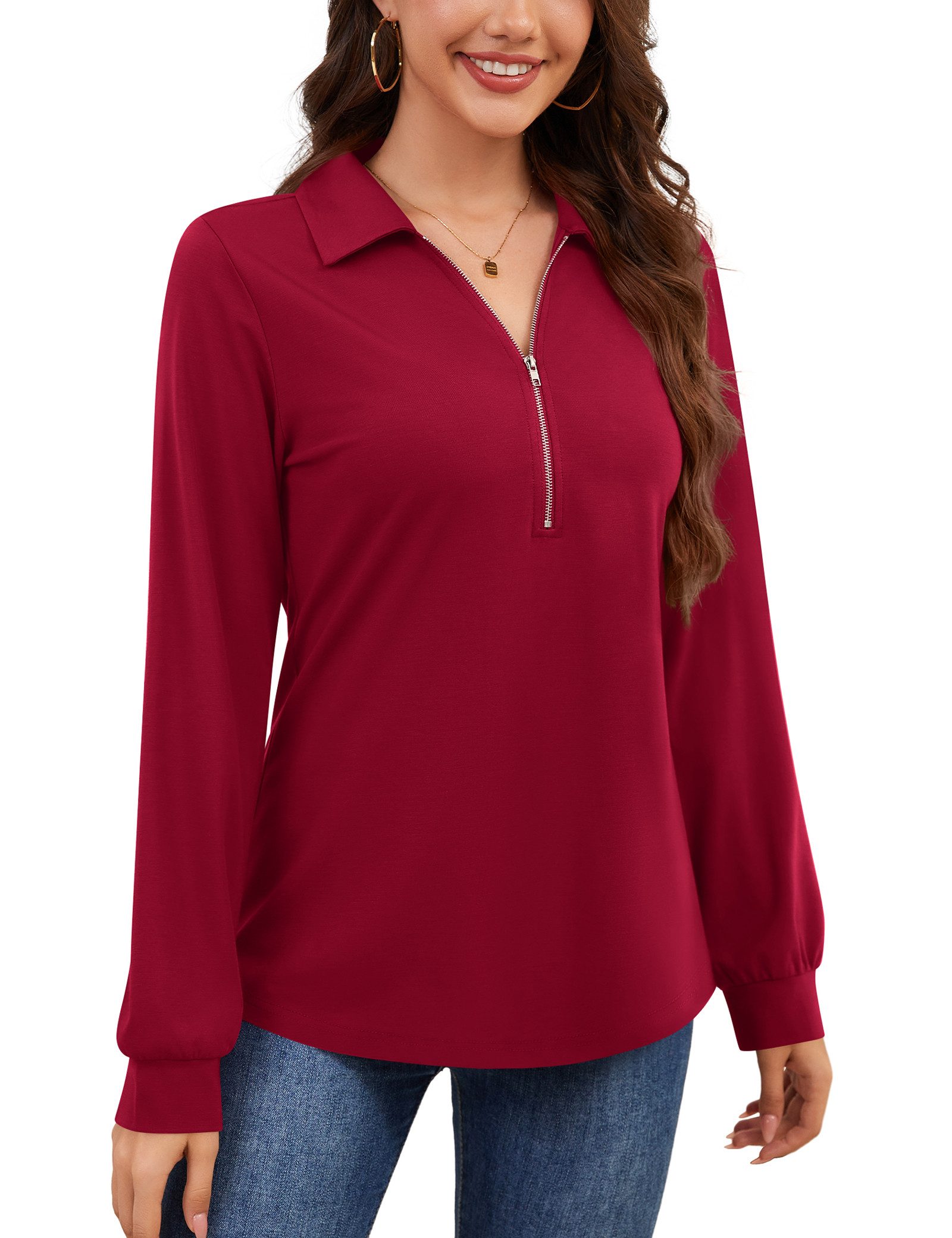 Beluring Langarmbluse Damen Langarm Oberteil / Kleid in Weinrot – V-Ausschn günstig online kaufen