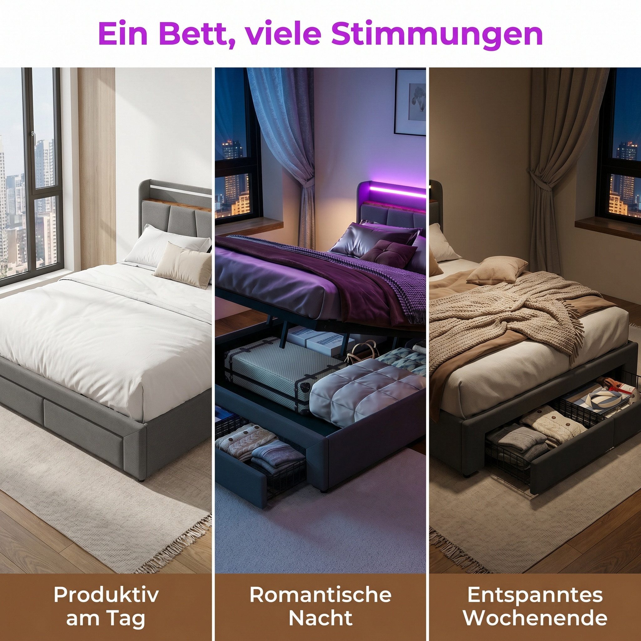 Furnishings Home Polsterbett 180 x 200 Doppelbett LED Hydraulisch anhebbarer Stauraumbett (Mit Lattenrost, Leinen material Polsterbett), Modernes Jugendbett, Leises Design Bett, Max. Belastbarkeit 350 kg