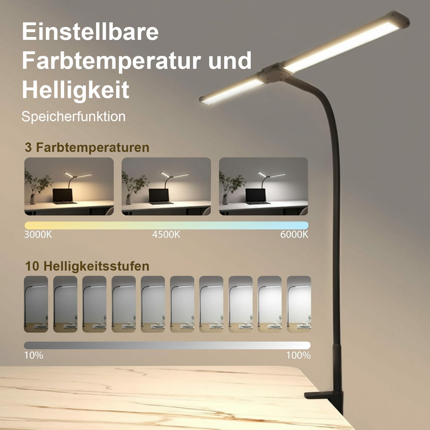 Lapalife Schreibtischlampe Tischlampe Klemmbar, Doppelkopf, 3 Farbtemperatur 10 Helligkeit, LED fest integriert, Augenschutz Tageslichtlampe, Schwanenhals für Homeoffice, Büro
