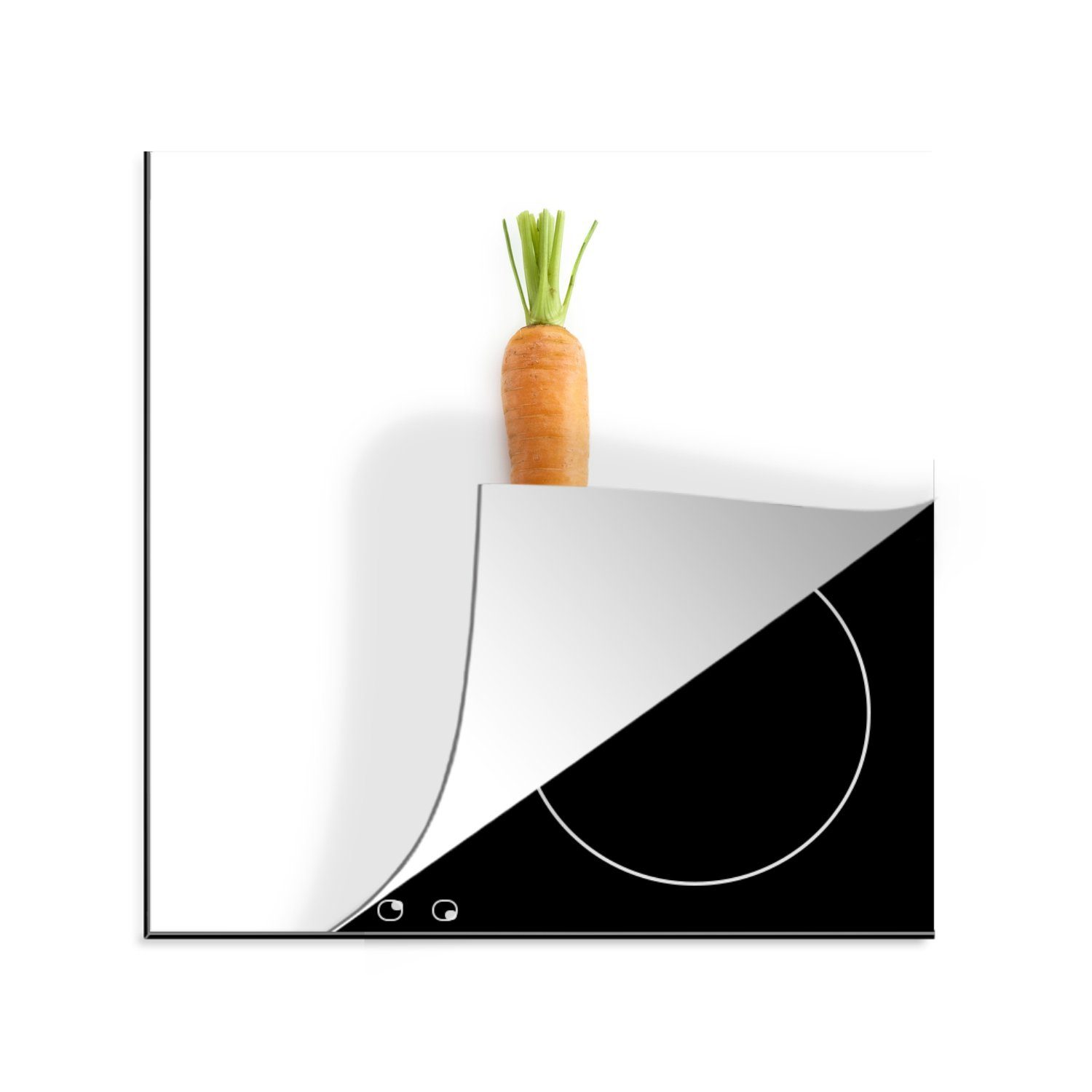 MuchoWow Herdblende-/Abdeckplatte Eine orangefarbene Karotte auf weißem Hintergrund, Vinyl, (1 tlg), 78x78 cm, Ceranfeldabdeckung, Arbeitsplatte für küche