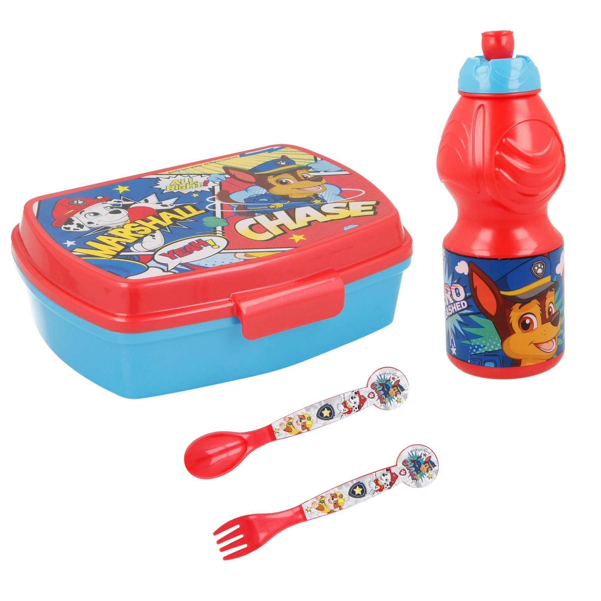 PAW PATROL Lunchbox Chase Marshall 4 teiliges Set - Brotdose Trinkflasche und Besteck, (4-tlg)