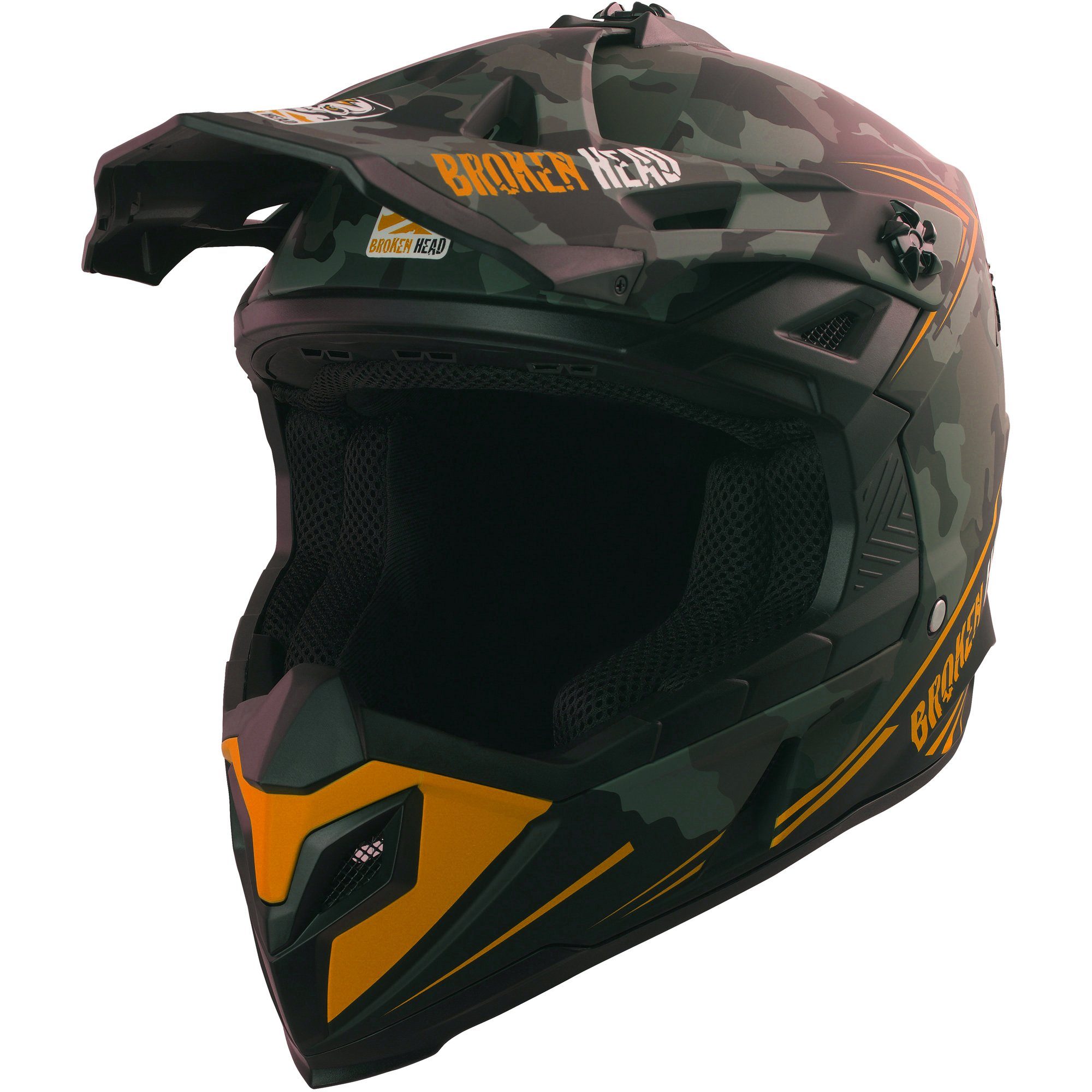 Motocrosshelm Squadron Rebelution Camouflage-Grau-Orange, mit Ratschen- und Doppel-D-Verschluss