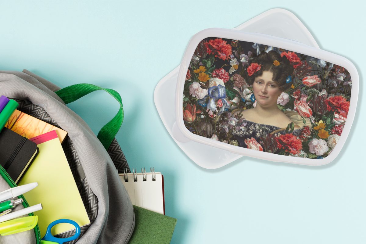 und Erwachsene, weiß Lunchbox Johanna Henriette Drahonet Jungs für Blumen, - Brotdose, für (2-tlg), Mädchen Kinder und Kunststoff, - Engelen MuchoWow Brotbox Dubois