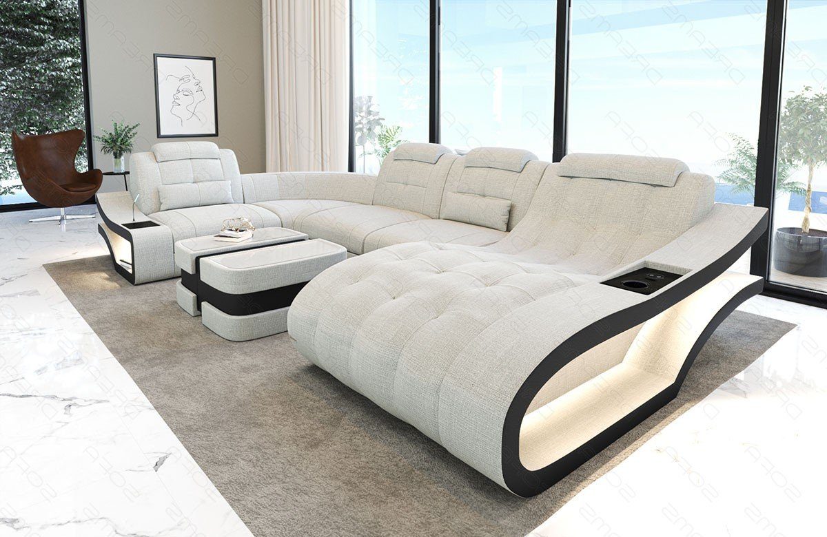 Sofa Dreams Sofa Polster Sofa Wohnlandschaft Couch Elegante H - U Form Stoffsofa, wahlweise mit Bettfunktion Elfenbein-Schwarz