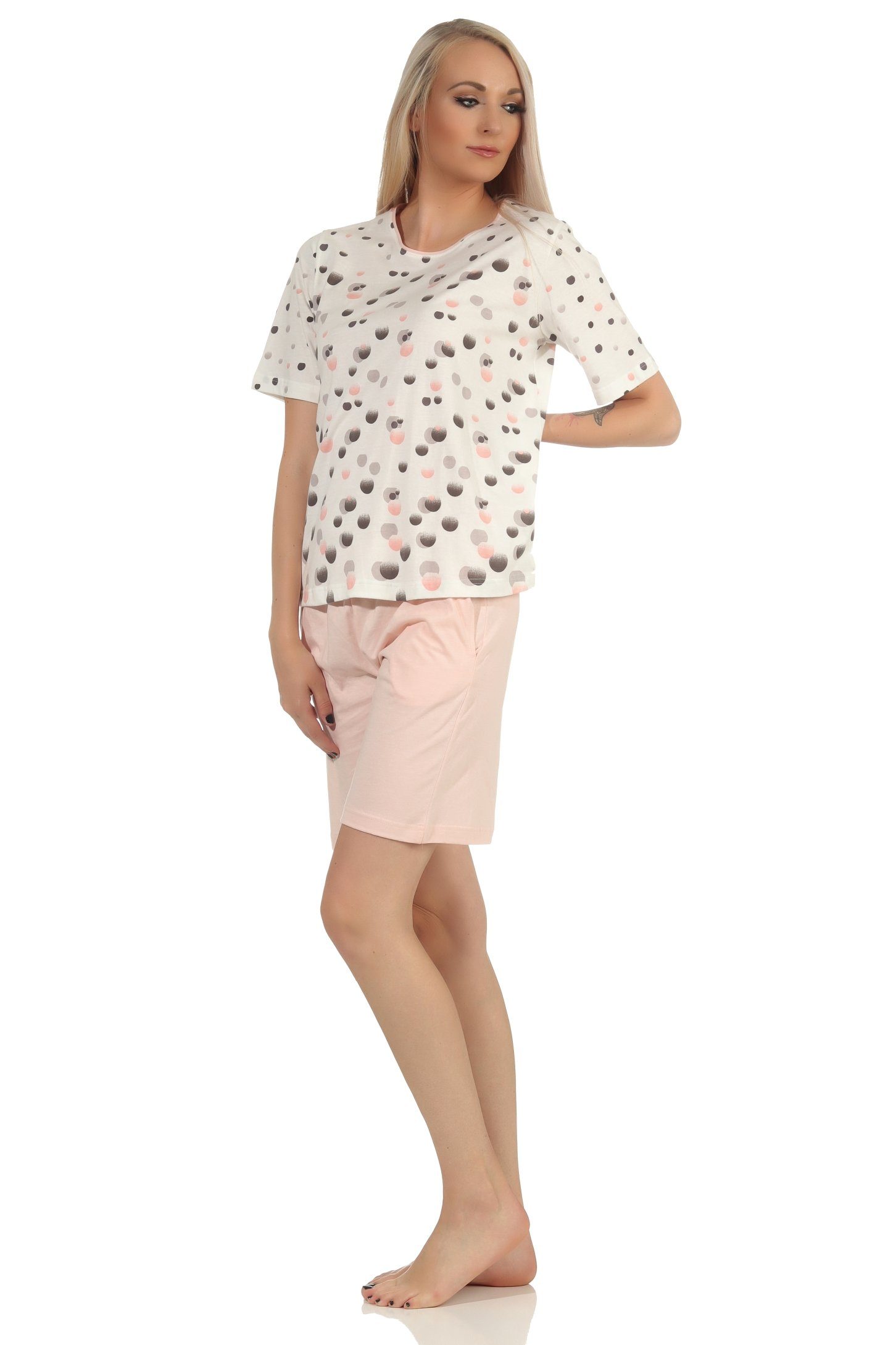 Tupfen–Punkte in Normann Pyjama Optik Shorty Pyjama rosa Schlafanzug kurzarm Damen