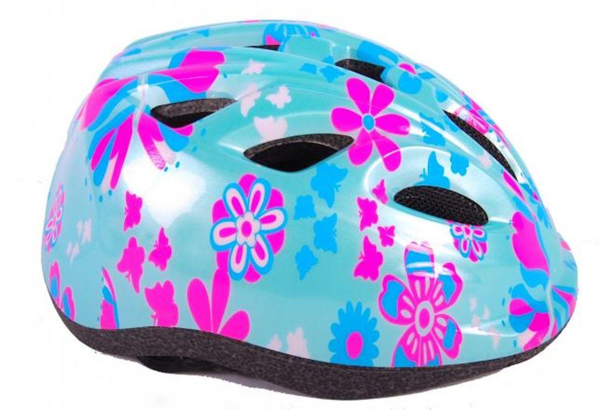 Volare Kinderfahrradhelm XS - Grün Rosa Blumen - 47-51 cm - extra kleines Modell, sicher, verstellbarer Kopfumfang, verstellbarer Kinnriemen