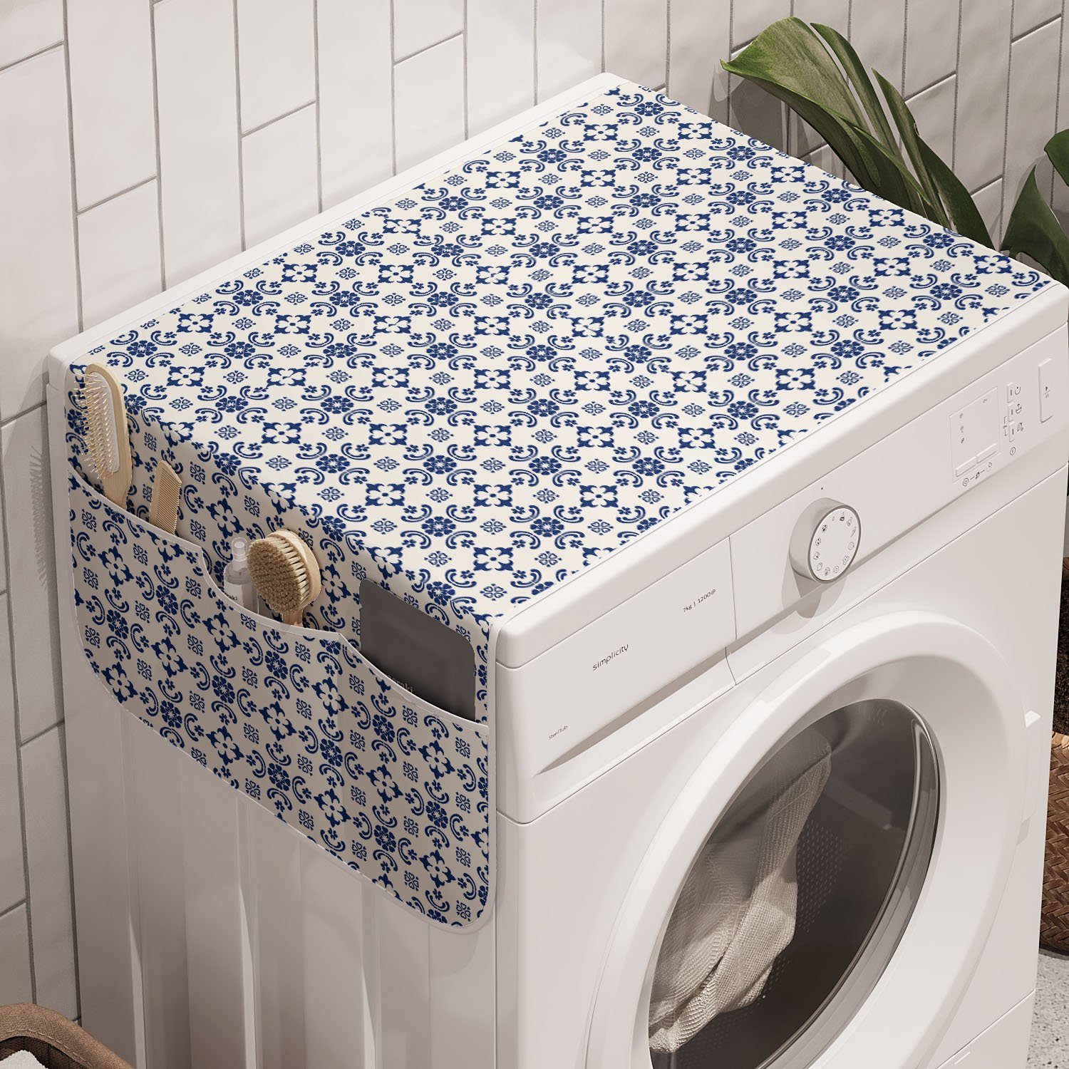 Abakuhaus Badorganizer Anti-Rutsch-Stoffabdeckung für Waschmaschine Antique Art und Oriental Folkloric Blue Trockner