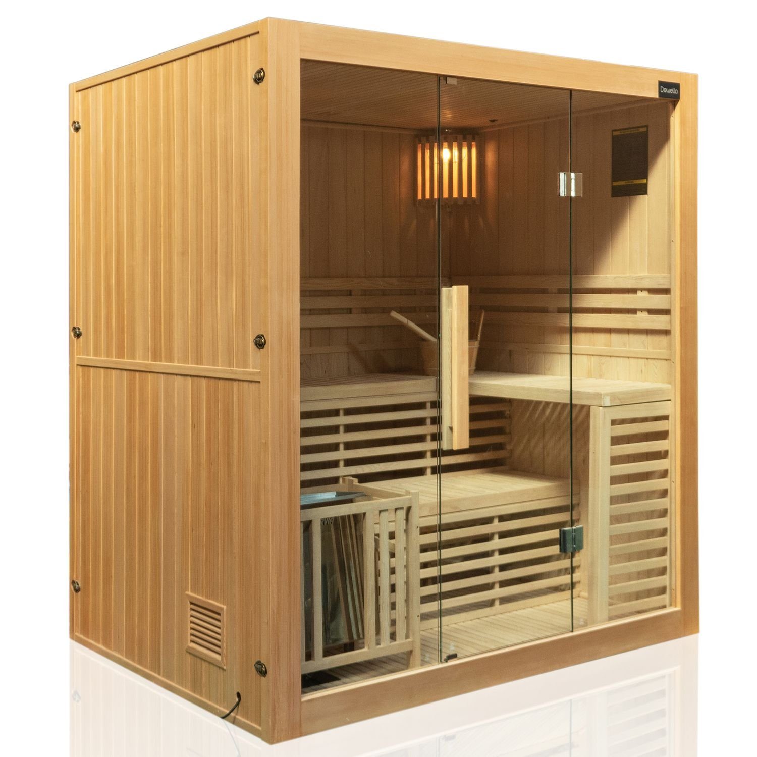 Dewello Sauna SARNIA 180 Finnische Sauna, bis zu 4 Personen, Saunaofen, Harvia 6KW, BxTxH: 180 x 140 x 200 cm, (inkl. 4-teiligem Sauna-Set, schaltbare Beleuchtung, inkl. 6KW HARVIA Ofen (BC60) mit passenden Lavasteinen) Sauna aus Hemlock-Tannenholz, leichter Aufbau dank Stecksystem