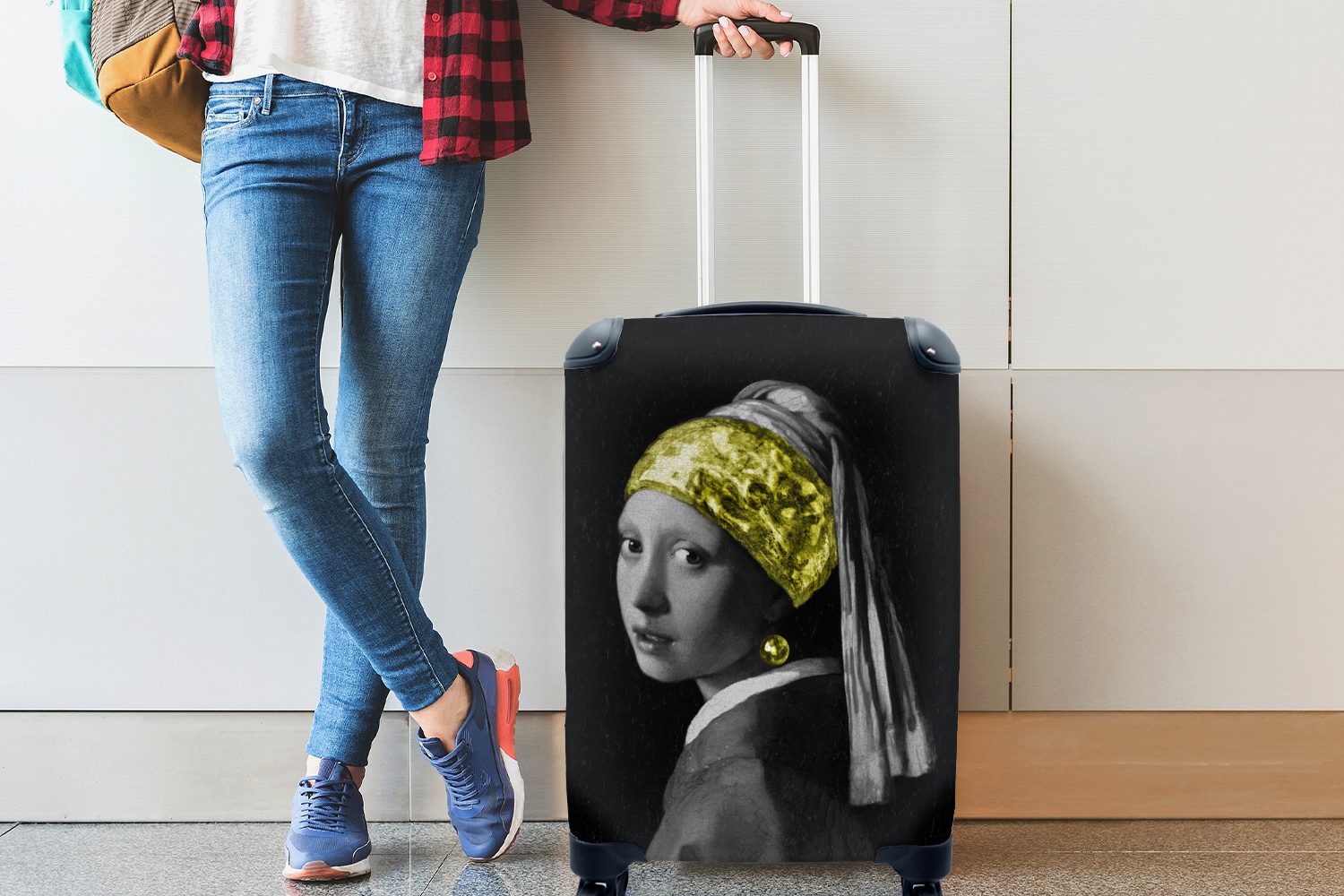 MuchoWow Handgepäckkoffer Mädchen für mit - Reisekoffer Gold - Reisetasche rollen, Trolley, Perlenohrring 4 Handgepäck Schwarz, Ferien, Rollen, mit