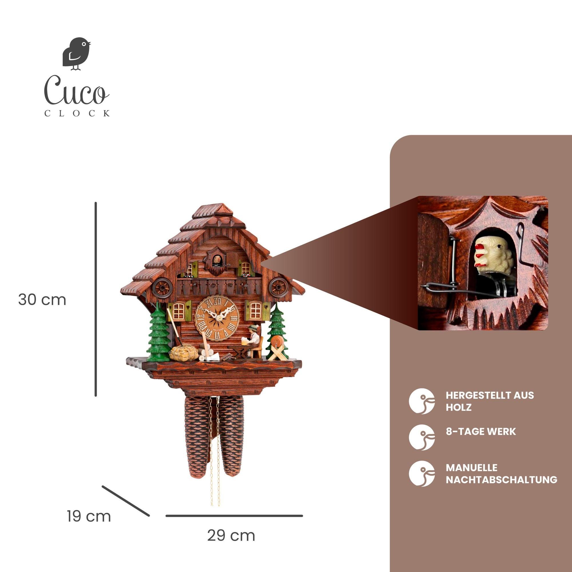 Cuco Clock Pendelwanduhr Kuckucksuhr Schwarzwalduhr Wanduhr - Tage 30cm, x 8 (19 manuelle Holz x 29 aus Werk, Biertrinker" Nachtabschaltung) "Der