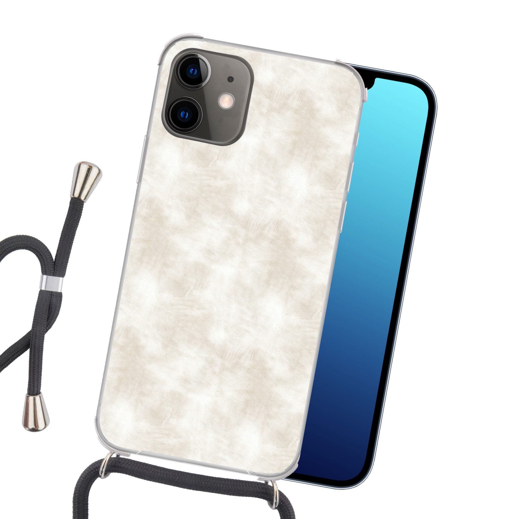 MuchoWow Handyhülle für Apple iPhone 12 Dezent - Textur - Beige, Tragbare Handyhüllen mit Kette zum umhängen, Handykette Handyband
