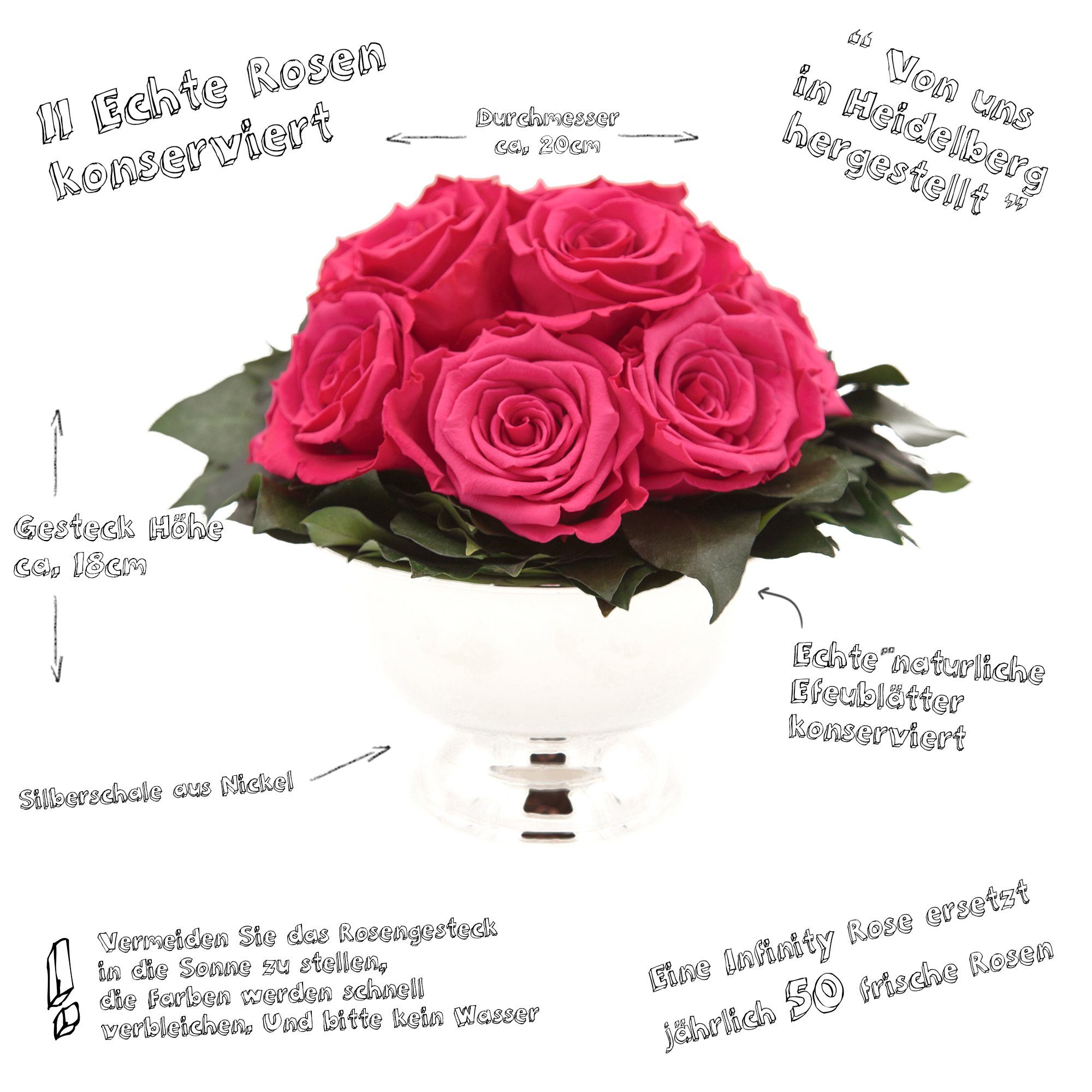 ROSEMARIE Blumenstrauß 3 Rosen 18 Blumenschale Kunstblume Frauen Jahre SCHULZ Heidelberg, Rose, in Infinity 11 cm, Echte für I Pink Rosenbox haltbar Geschenk Blumen Höhe