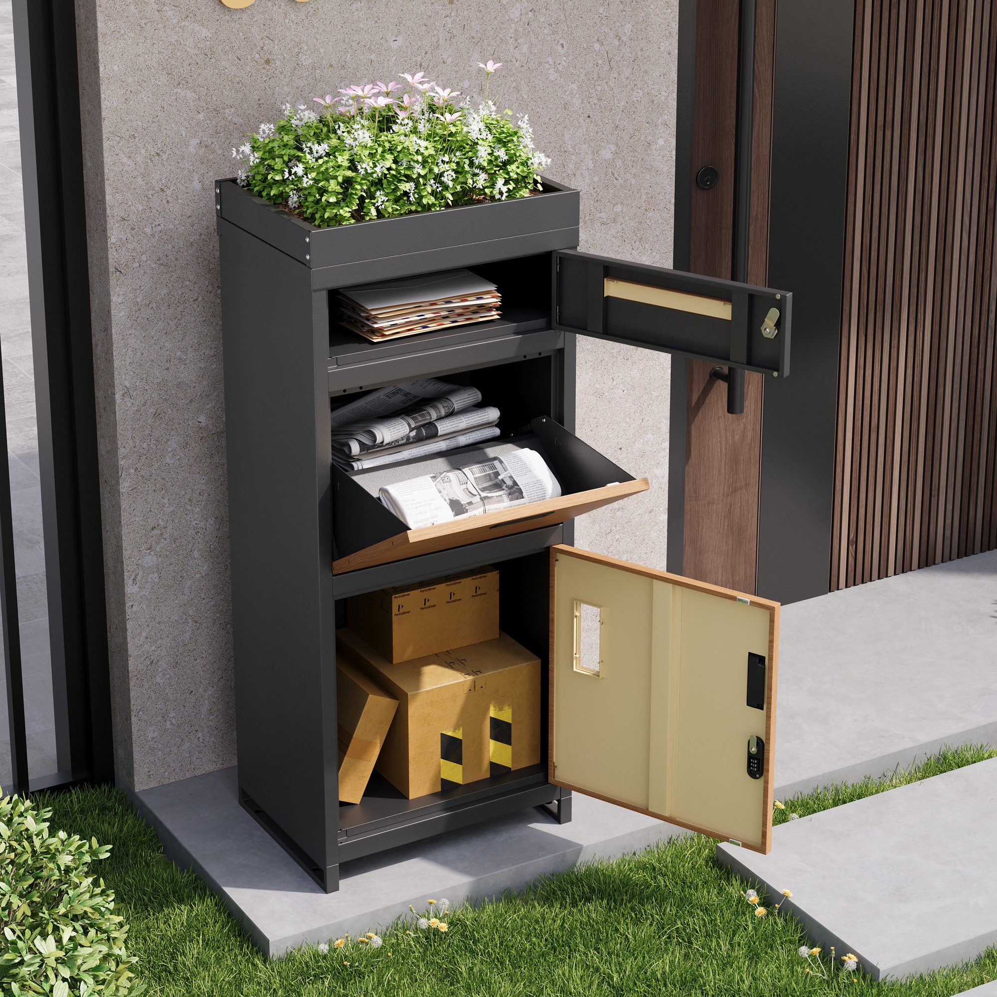 Merax Paketbriefkasten mit Zahlenschloss, wetterfestes Design aus verzinktem Stahlblech (118.5x50x37cm, 1-St), mit integriertem Blumenkasten und Aufbewahrung, a – Bild 2 von 5