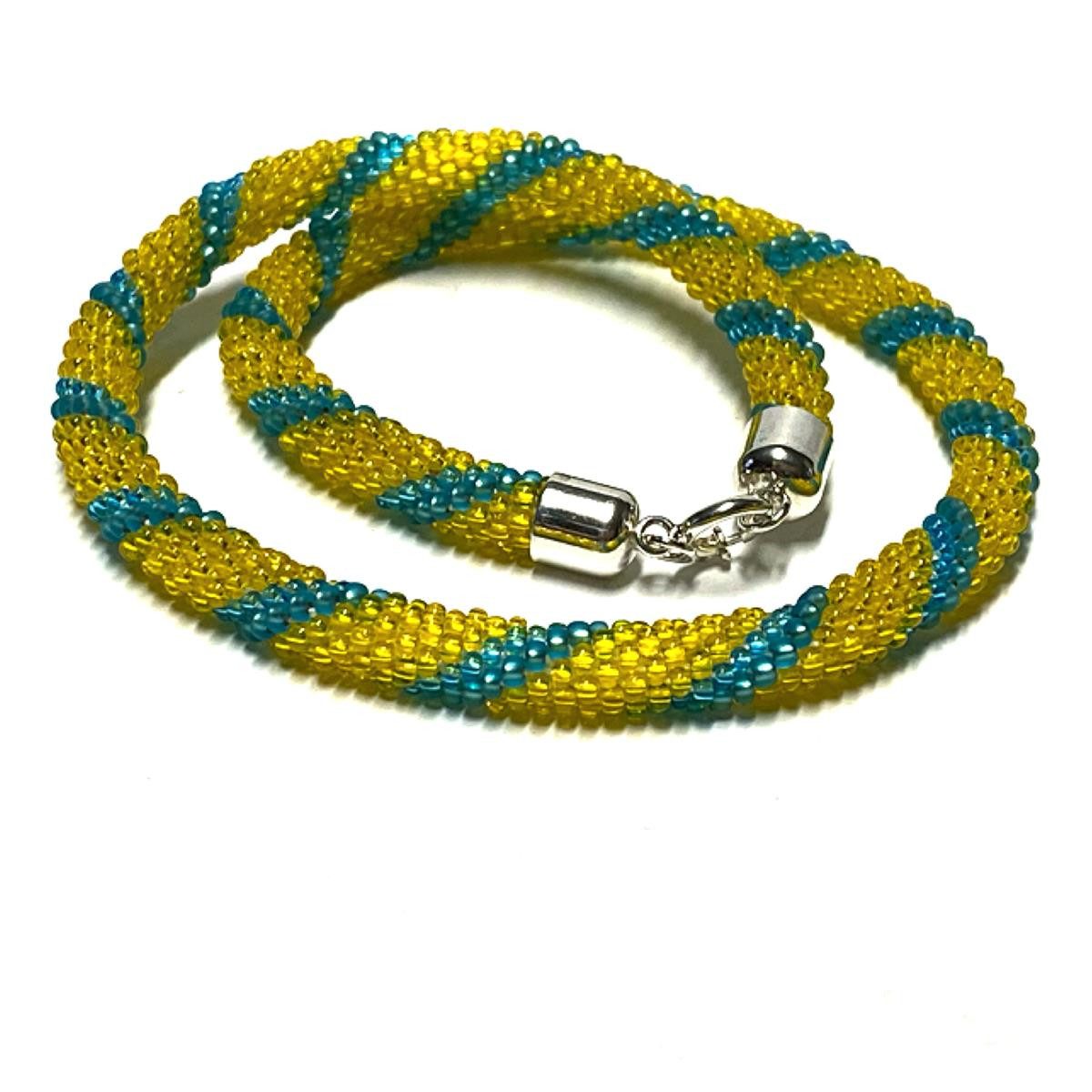 Kette ohne Anhänger tolle Häkelkette blau / gelb mit 925 Silber Verschluß 44 cm Handarbeit