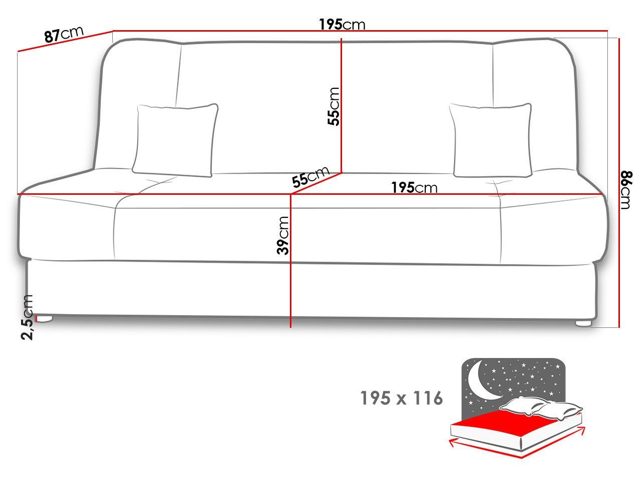 mit 29 Poso Kissen, Schlafsofa mit Jonas 195x87x86 Cord, Schlaffunktion, Bettkasten zwei MIRJAN24 cm Wellenfeder, und