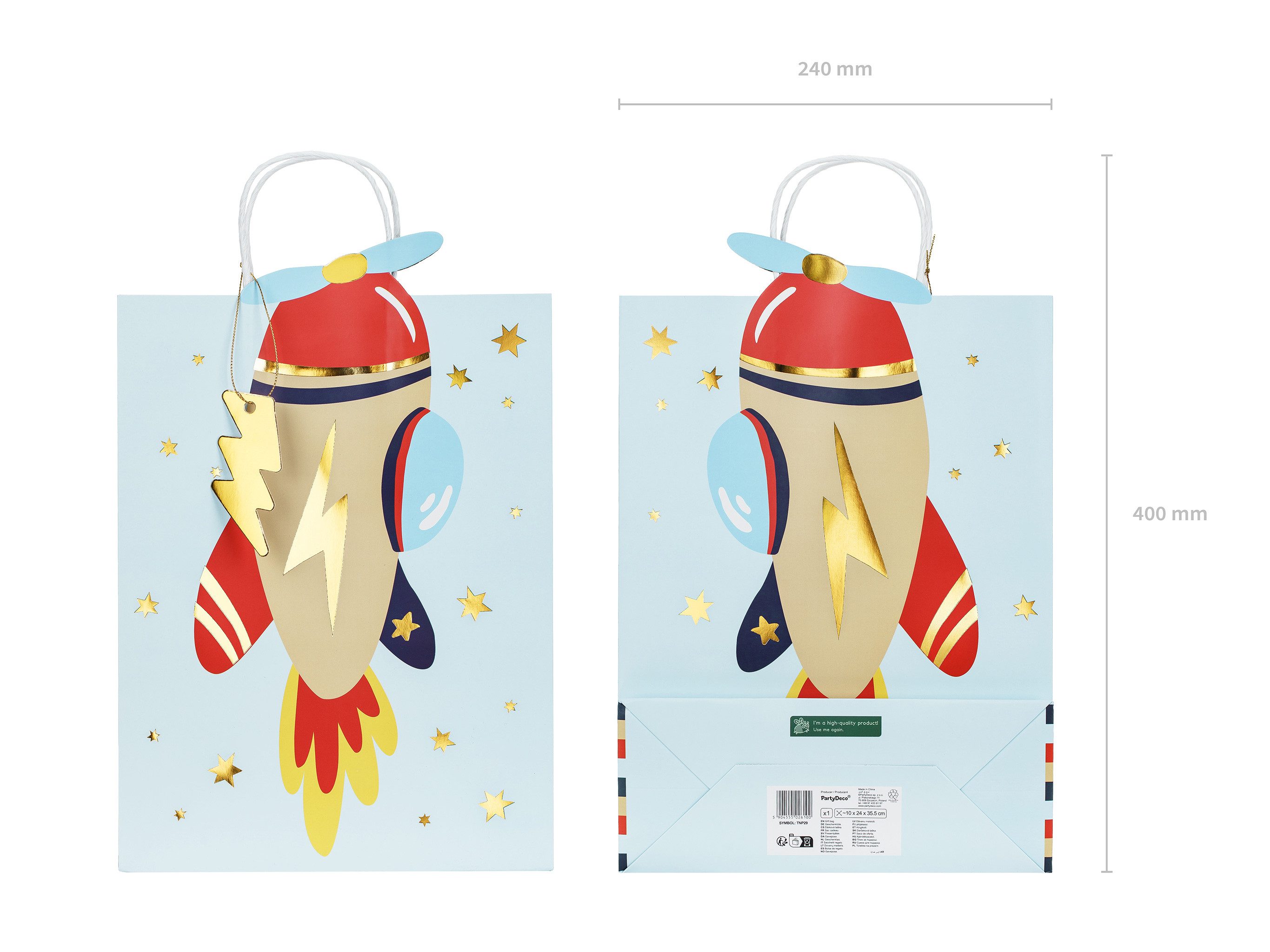 partydeco Aufbewahrungstasche, Geschenktüte Flugzeug mit Henkel 10x24x35cm Blau / Rot