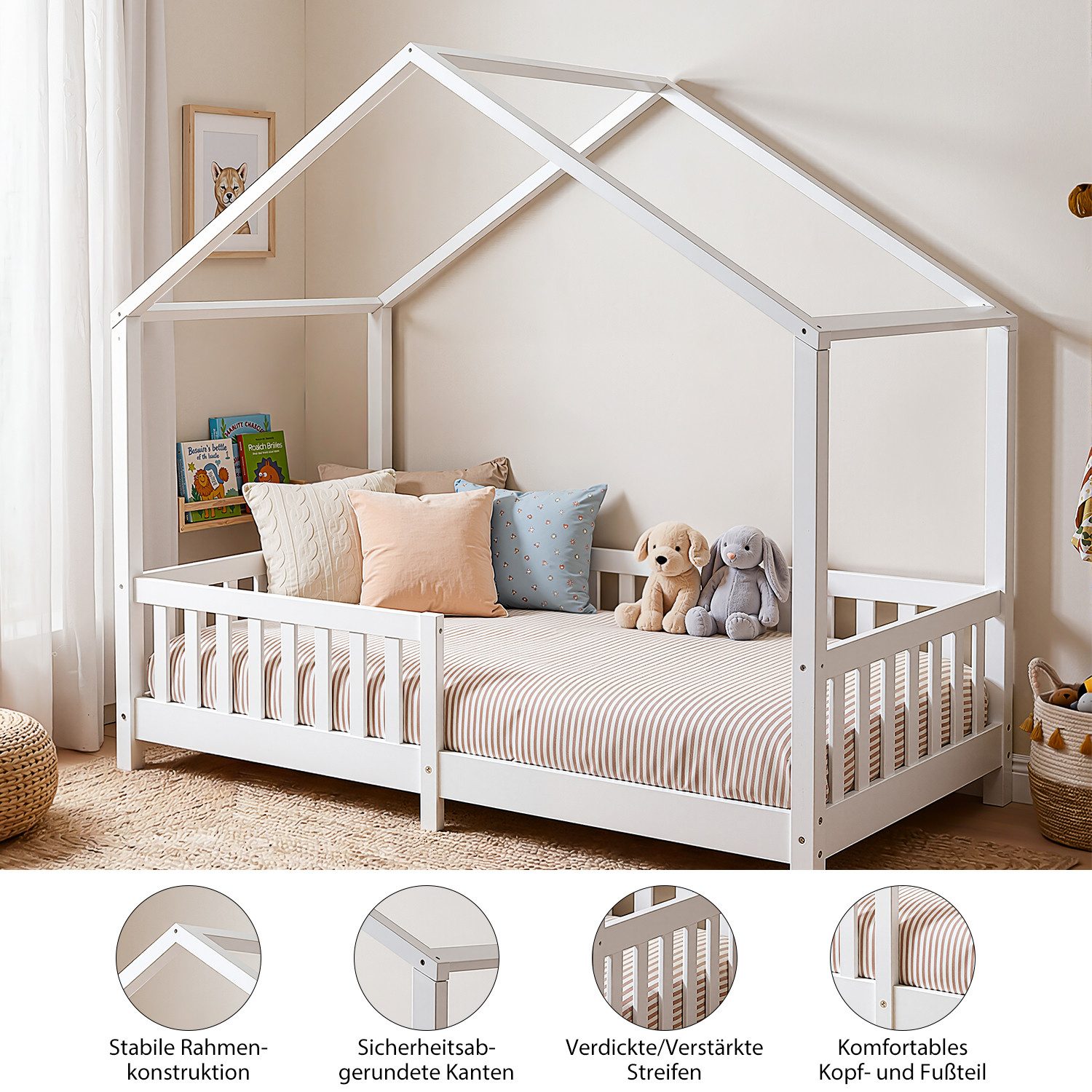 oyajia Kinderbett 90x200 cm Bodenbett Rausfallschutz abnehmbar bis 200 kg belastbar (Montessori Kinder- & Jugendbett aus Kiefer Massivholz), Bodenbett Hausbett  – Bild 4 von 5