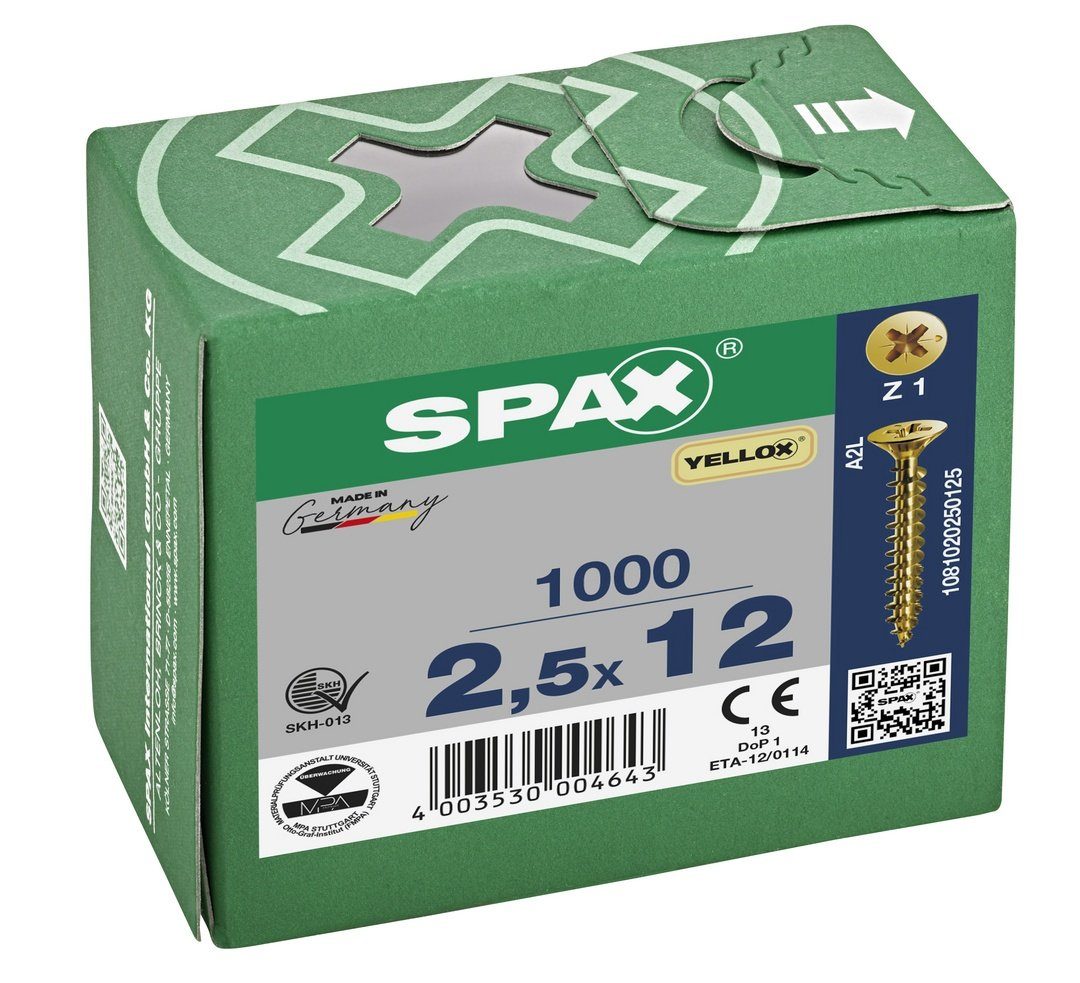(Stahl SPAX 1000 verzinkt, mm St), Spanplattenschraube gelb 2,5x12 Universalschraube,