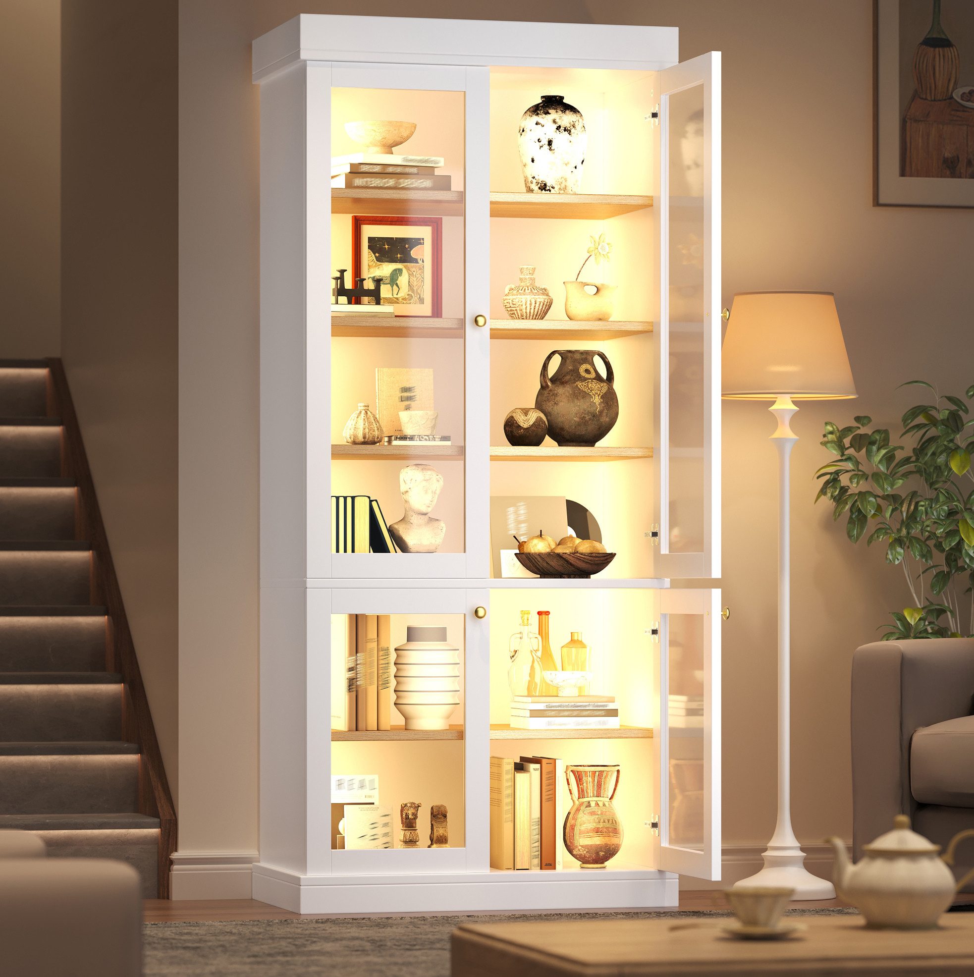 MODFU Vitrine Moderner Standhochschrank (mit LED-Stimmungsbeleuchtung, Glasvitri