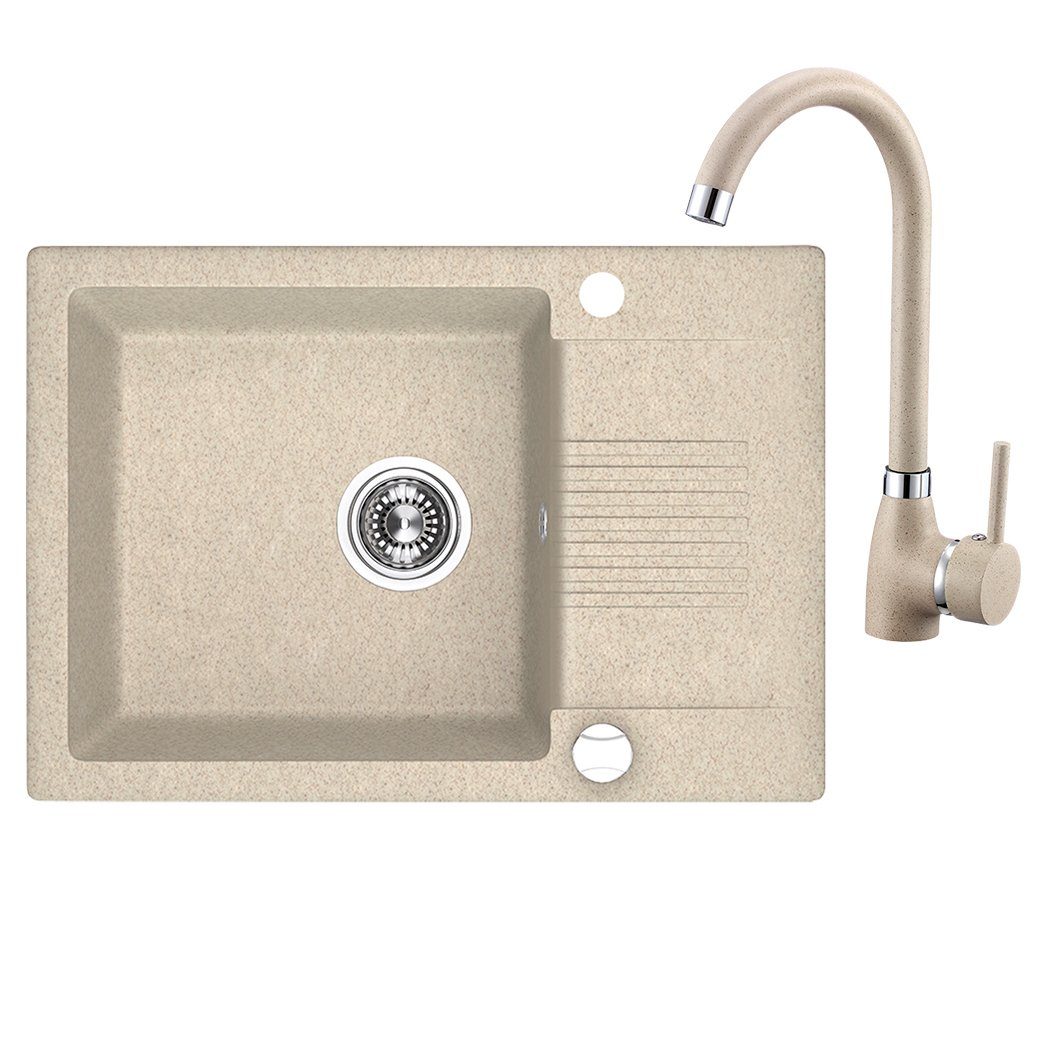 KOLMAN Küchenspüle Celia Set Einzelbecken Granitspüle und Spültischarmatur, Rechteckig, 44/65 cm, Space Saving Siphon GRATIS Beige