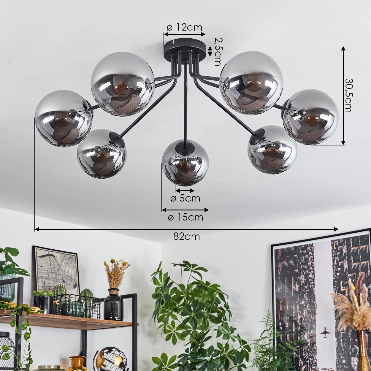 hofstein Deckenleuchte moderne Deckenlampe aus Metall/Glas in Schwarz/Rauchfarben, ohne Leuchtmittel, im Retro/Vintage-Design, Glasschrime Ø15cm, 7x E14, ohne L – Bild 4 von 5