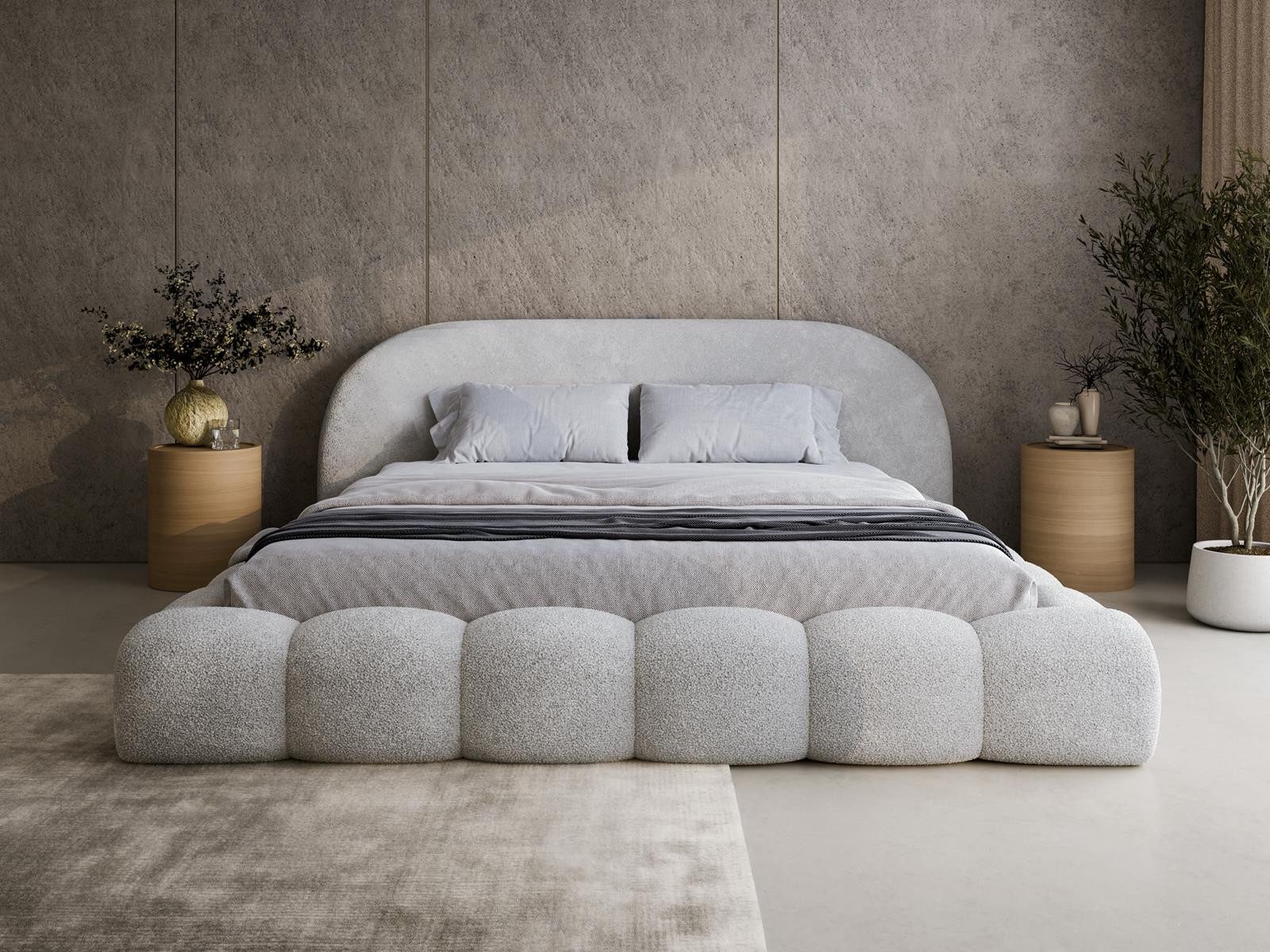 Compleo Polsterbett aus Bouclé OMBIS, Wolkenbett mit Bettkasten und Lattenrost (gepolstertes Bett aus Bouclé mit abgerundeten Formen), 120x200 140x200 160x200 180x200 200x200cm