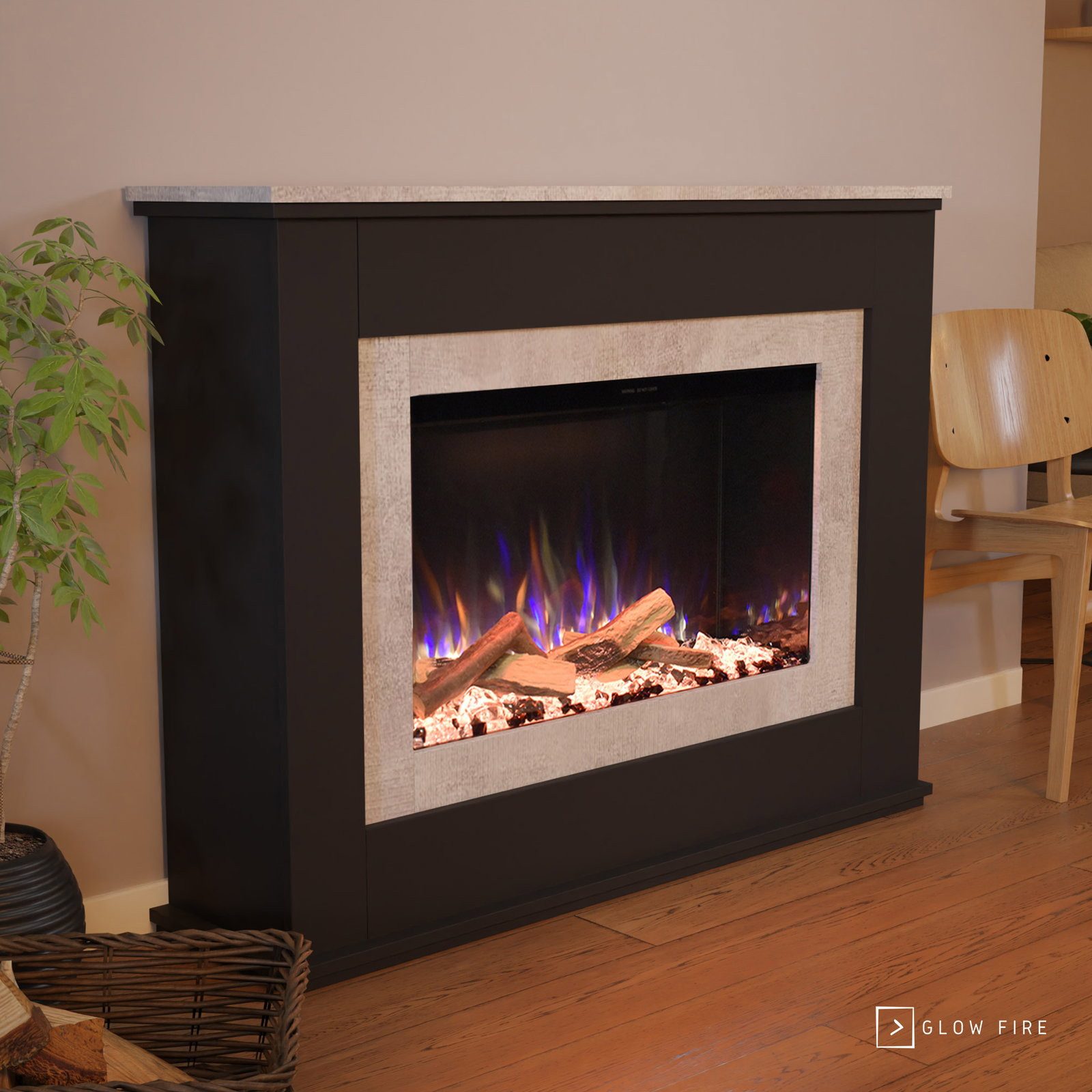 GLOW FIRE Elektrokamin PR6 E-Motion 3D, Elektrischer Kamin mit 3D Feuer mit Heizung, täuschend echte Flamme mit Heizung, 3 Dekorationen