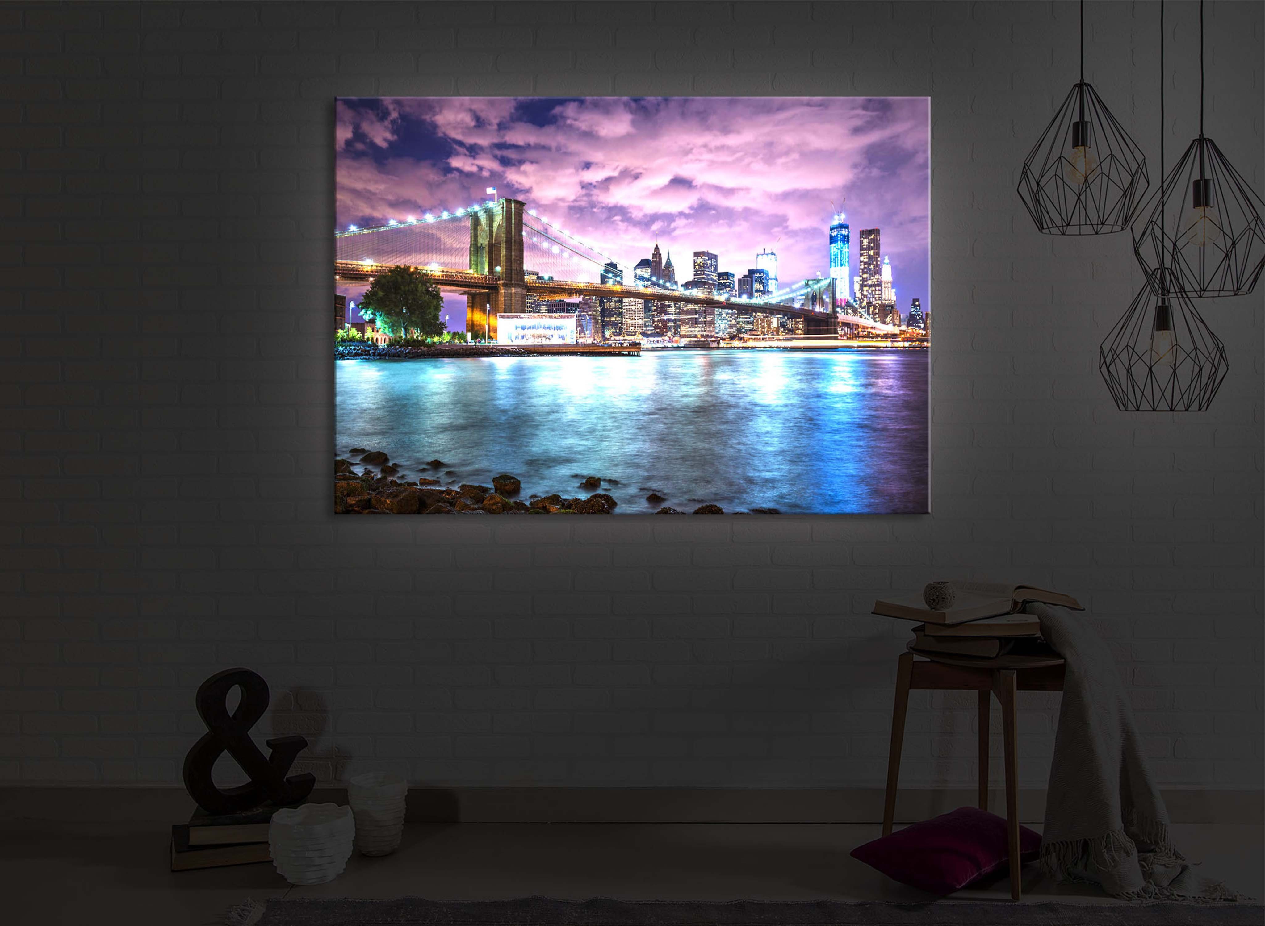 lightbox-multicolor LED-Bild New York Skyline Brooklyn lighted Bridge Fernbedienung Leuchtbild / mit mit front 60x40cm