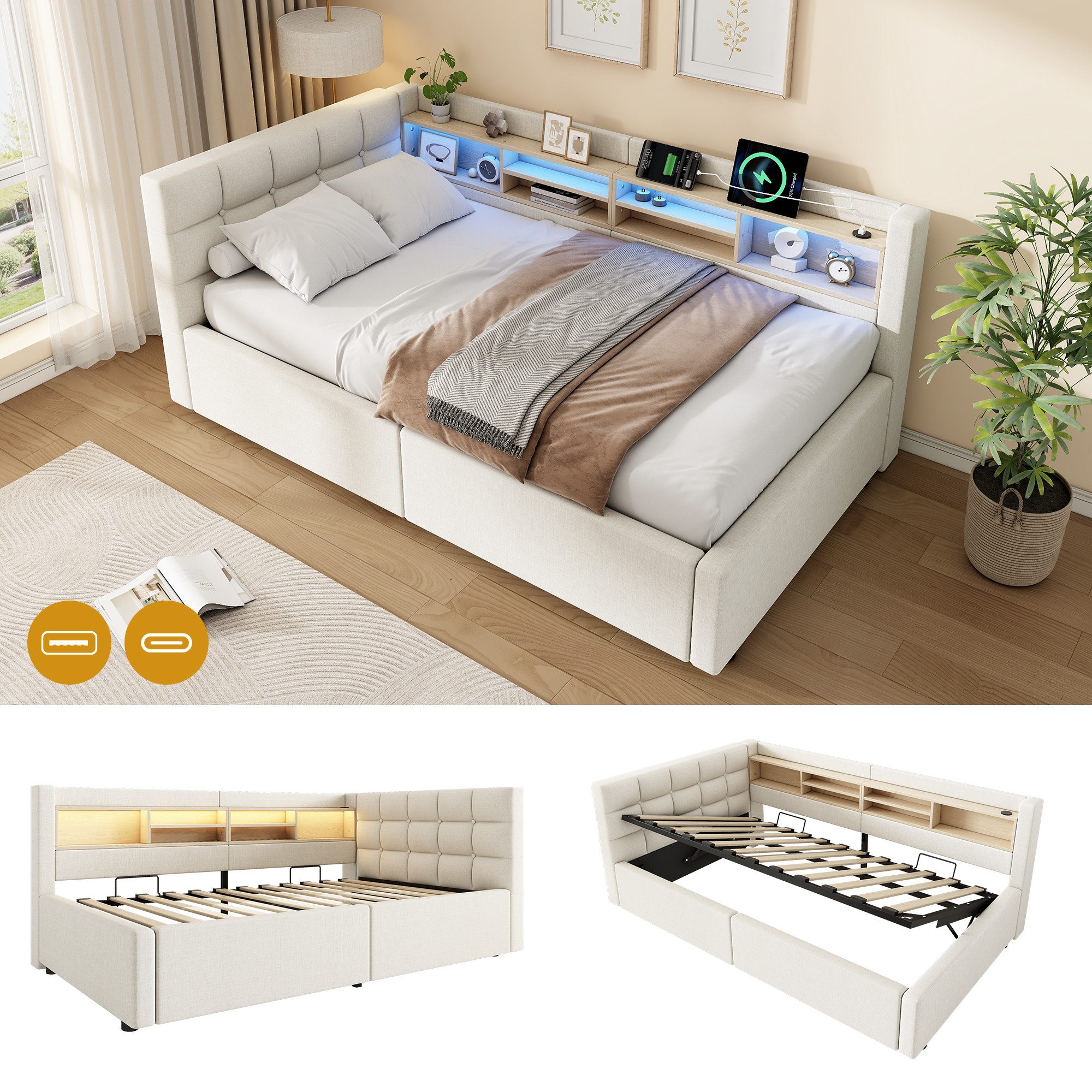 Flieks Daybett, Polsterbett Schlafsofa 90x200cm mit Hydraulik, LED-Leiste, Aufladen