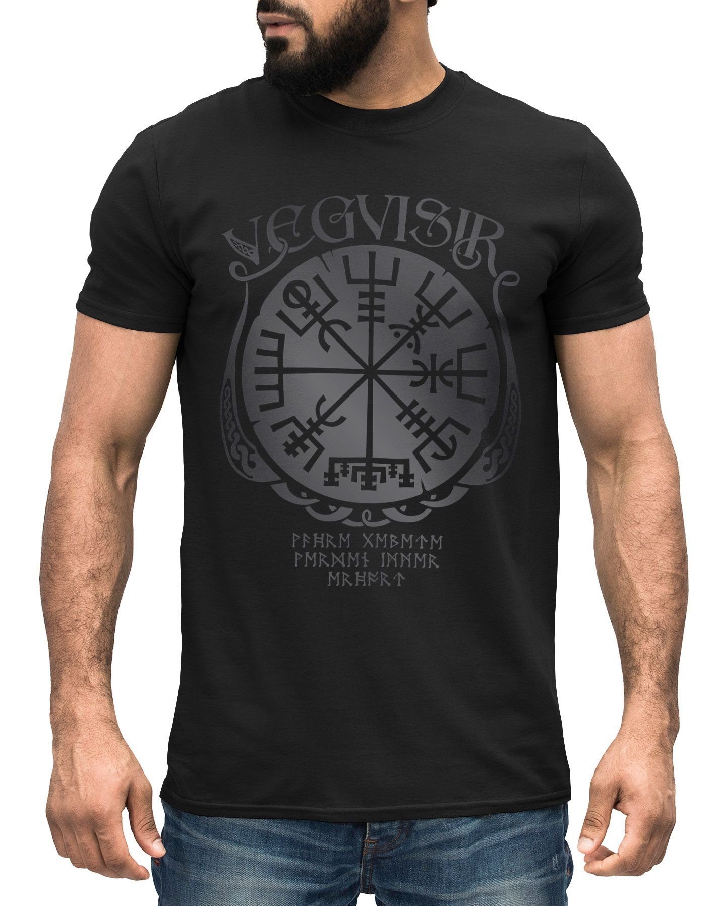 Print-Shirt Herren T-Shirt Vegvisir Runenkompass nordischer Kompass Wikinger